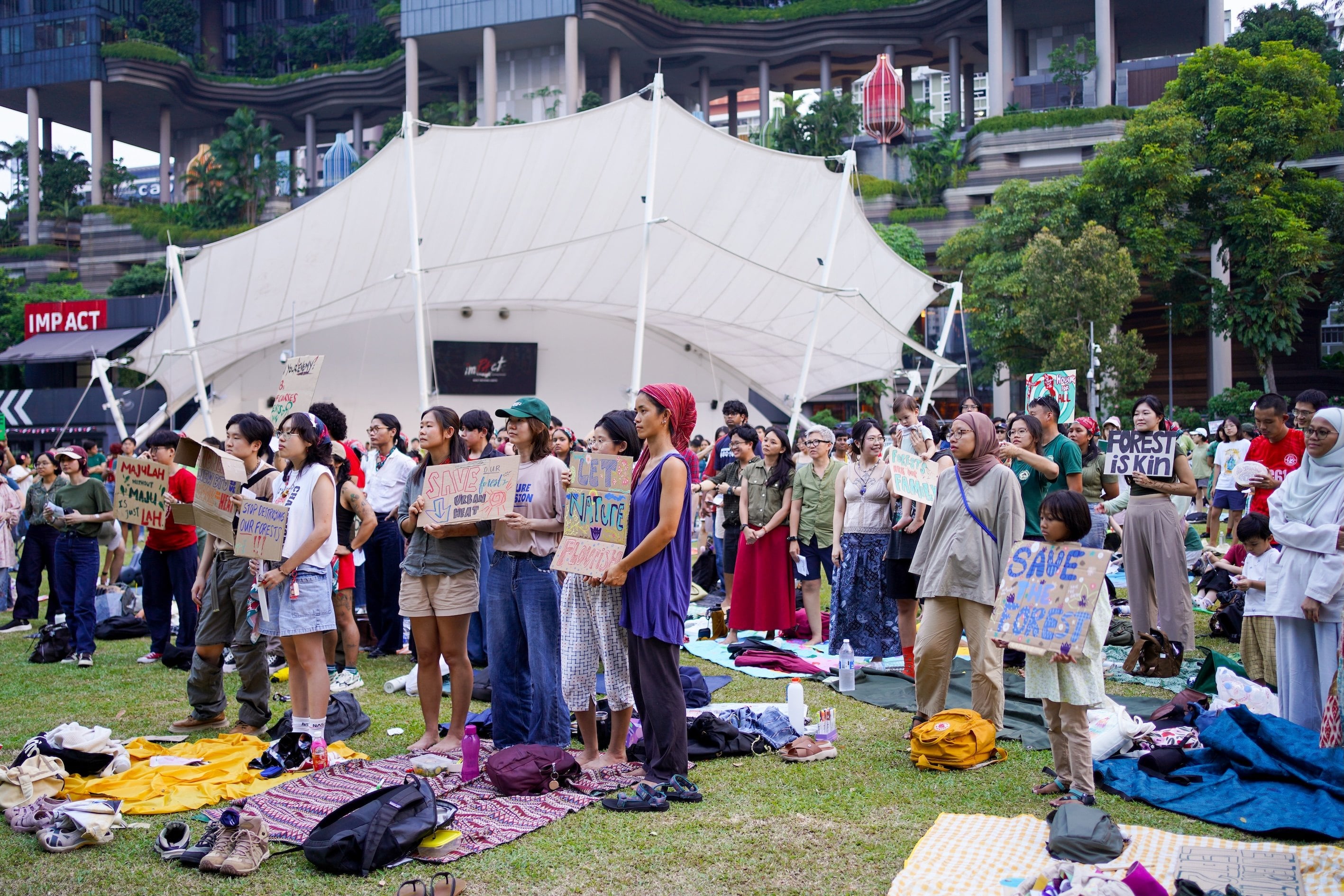 Attendees at a green rally at Hong Lim Park on Sunday protest against redevelopment plans affecting Maju Forest and the greenery around Gillman Barracks. Photo: Kolette Lim