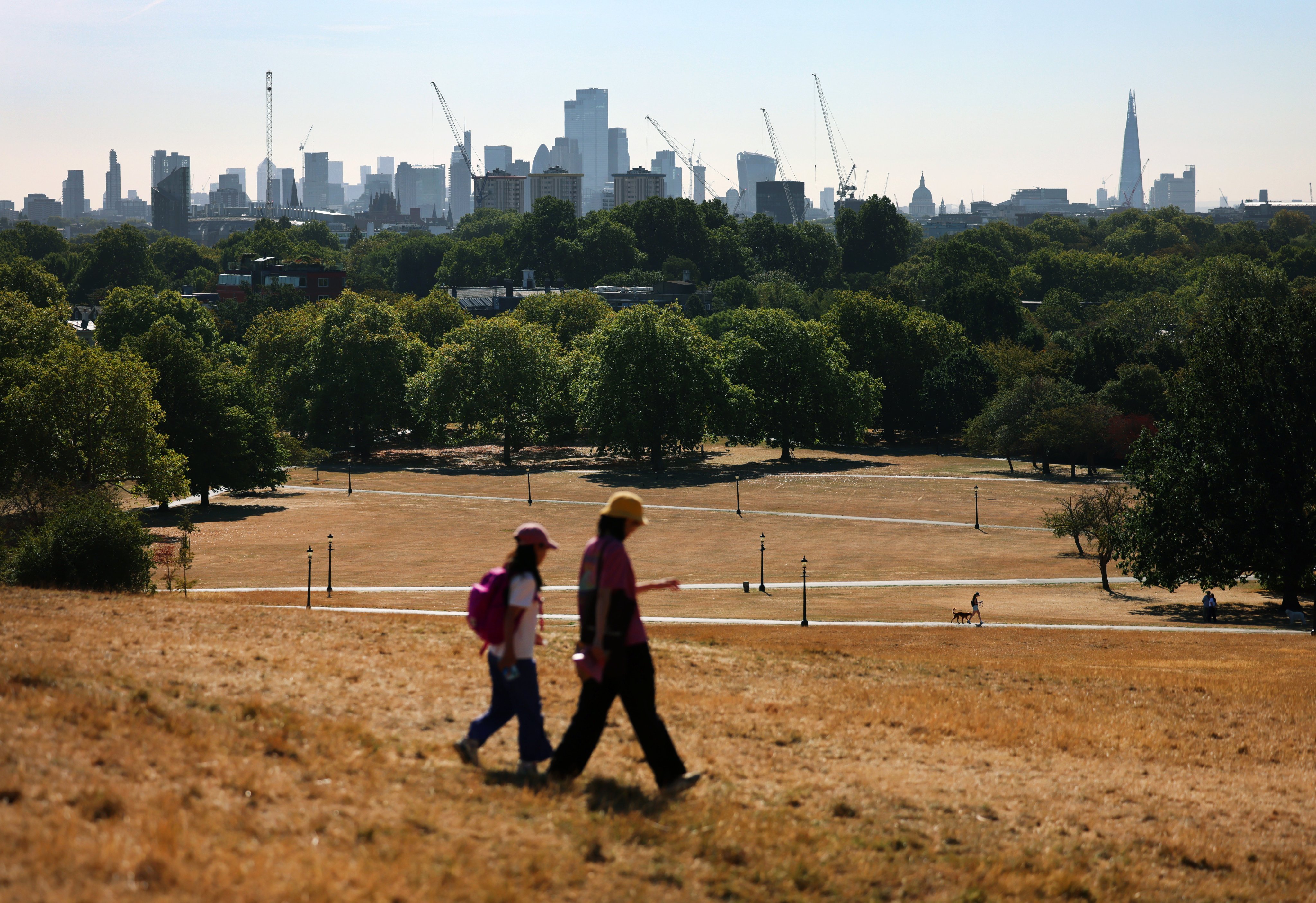People walk across the parched parklands at Primrose Hill in London on Wednesday. Photo: , EPA