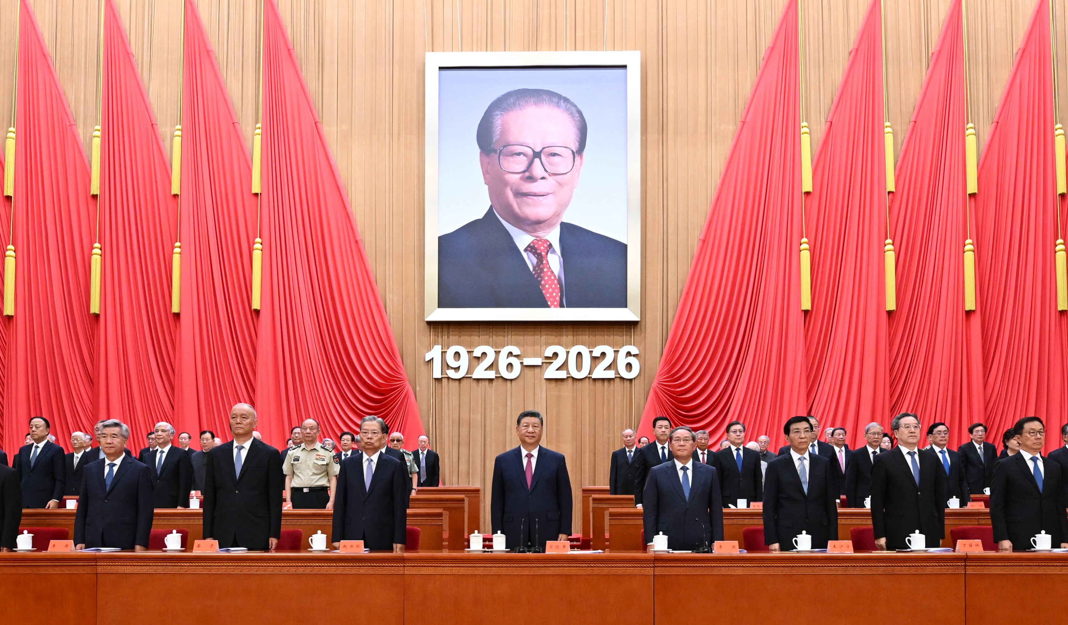 Chinese President Xi Jinping (centre) and party and state leaders attend a ceremony to commemorate the birth centenary of former president Jiang Zemin at the Great Hall of the People in Beijing on August 17. Photo: Xinhua