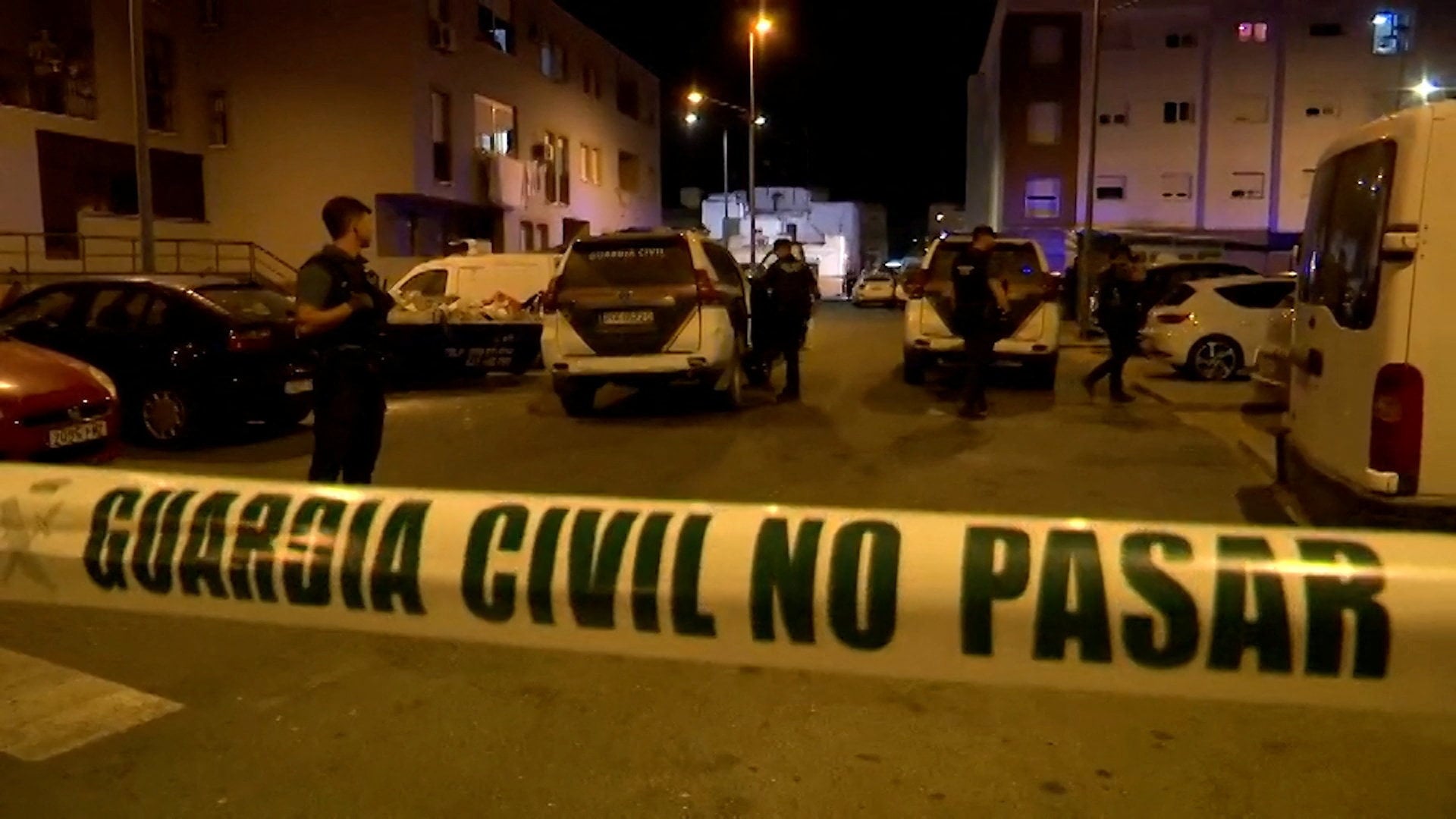 Police officers work at the crime scene where a suspected gang leader’s mother-in-law, his pregnant sister and a teenager were killed in a drug-related shooting in Isla Cristina, Spain on Sunday. Photo: Handout via Reuters