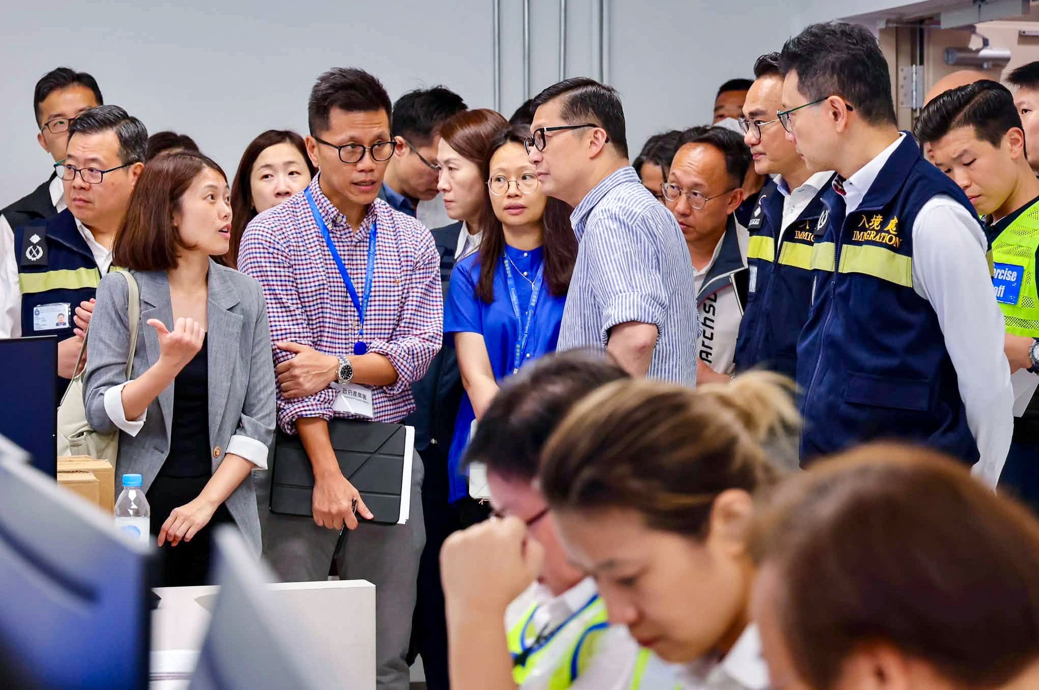 Secretary for Security Chris Tang inspects the drill held on August 13. Photo: Handout