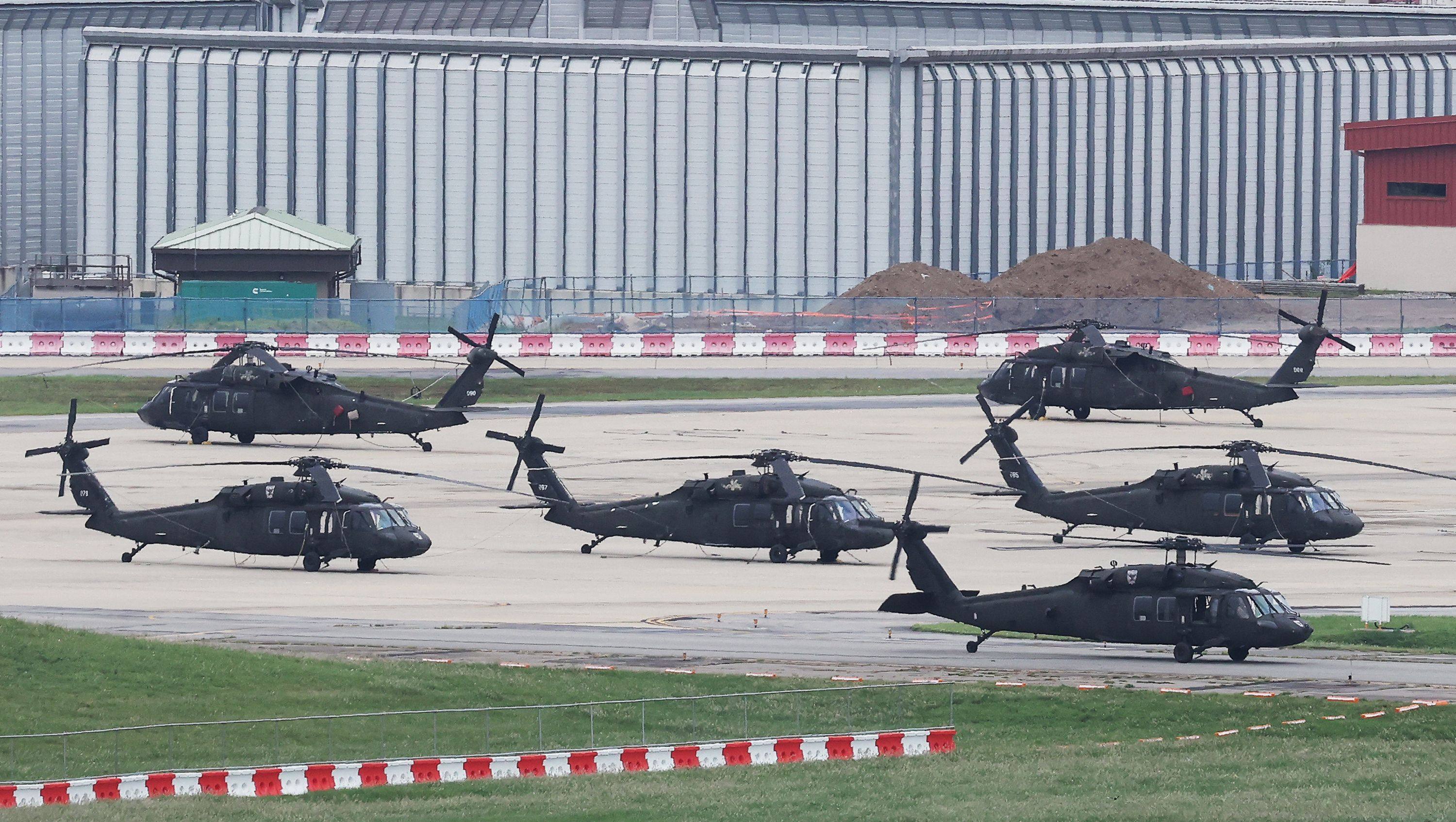 US Black Hawk helicopters seen at Camp Humphreys in Pyeongtaek on Monday as a joint military drill between South Korea and the US kicks off. Photo: AFP