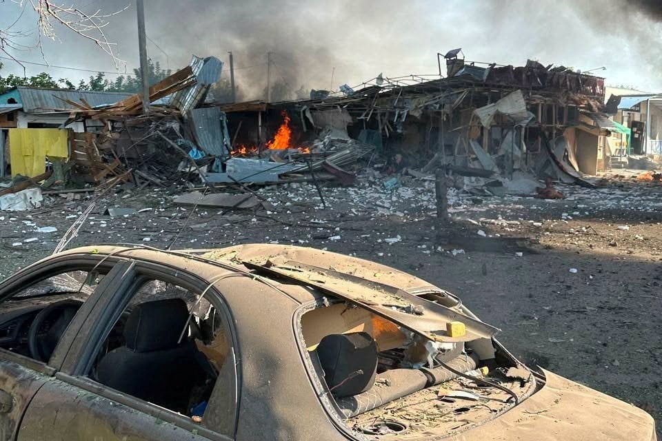 A building burns after Russian drone strikes in Pechenihy, in the Kharkiv region of northeast Ukraine, on Tuesday. Photo: Press service of the State Emergency Service of Ukraine in Kharkiv region/Handout via Reuters