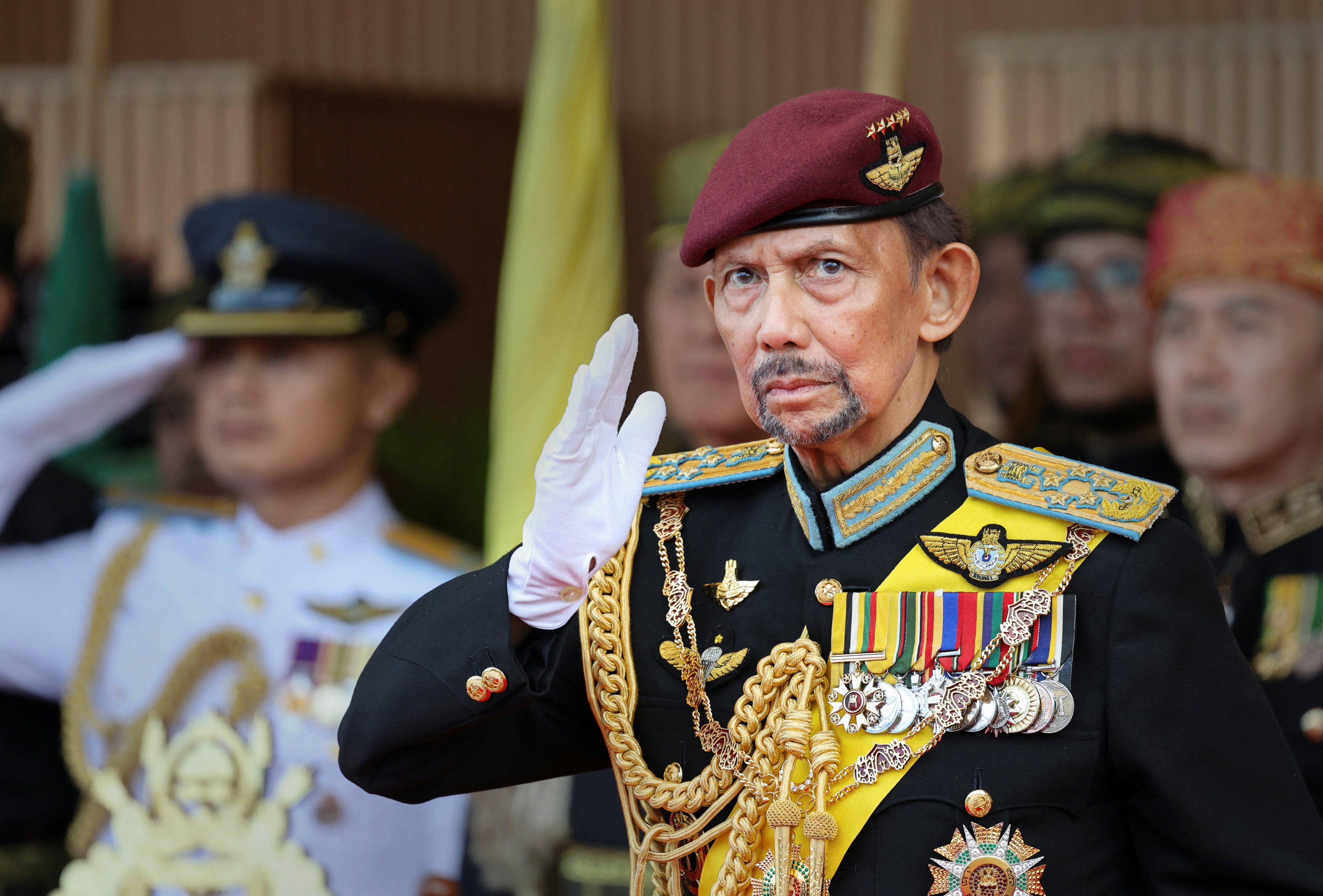 World’s longest-reigning living monarch, Brunei’s Sultan Hassanal Bolkiah, returns a salute during his 80th birthday celebrations at Taman Haji Sir Muda Omar ‘Ali Saifuddien in Bandar Seri Begawan, Brunei, on July 15. Photo: Reuters