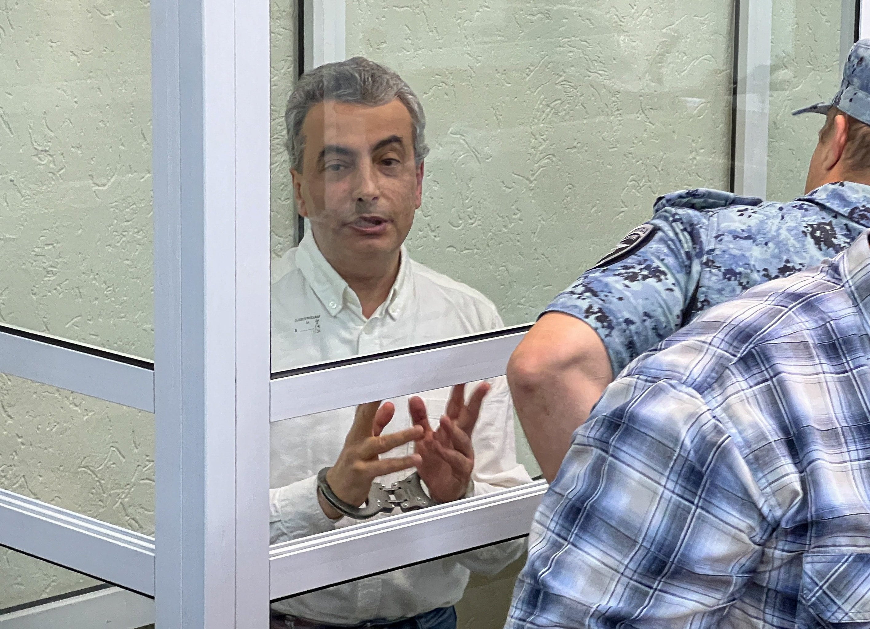 Lev Shlosberg, deputy chairman of the Yabloko party, attends a court hearing in Pskov, Russia on Monday. Photo: Reuters