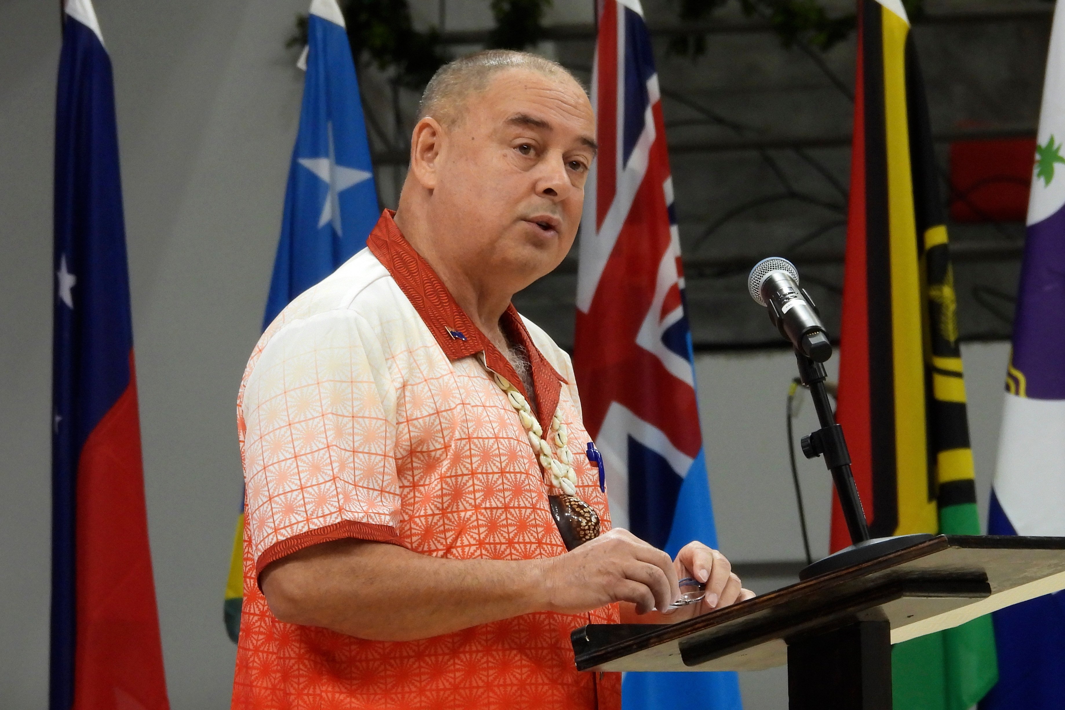 Cook Islands Prime Minister Mark Brown speaks at a Pacific Islands Forum meeting in 2024. Photo: AP