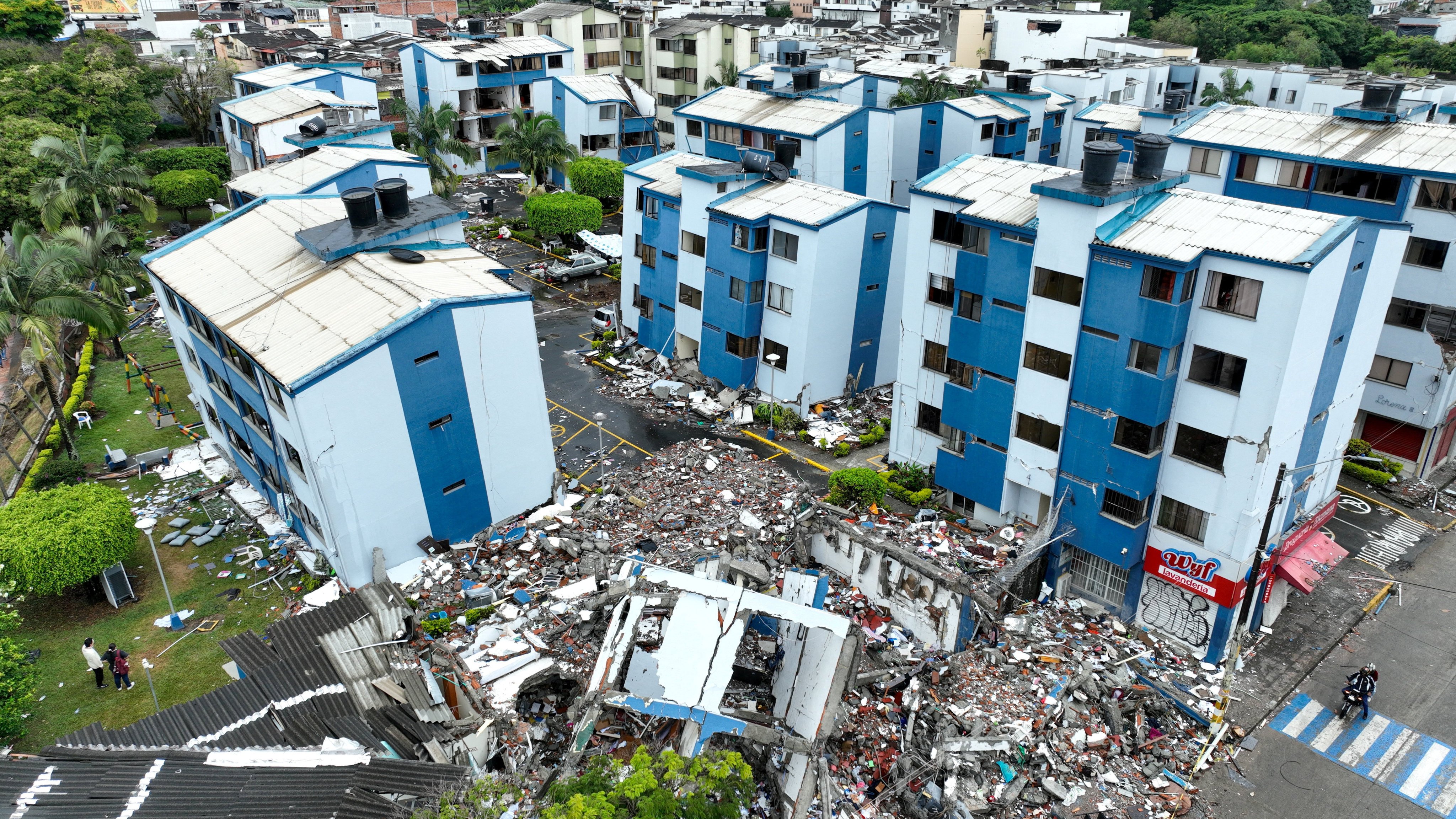 A drone view of a neighbourhood with collapsed buildings in Pereira, Colombia, on Monday. Photo: Reuters