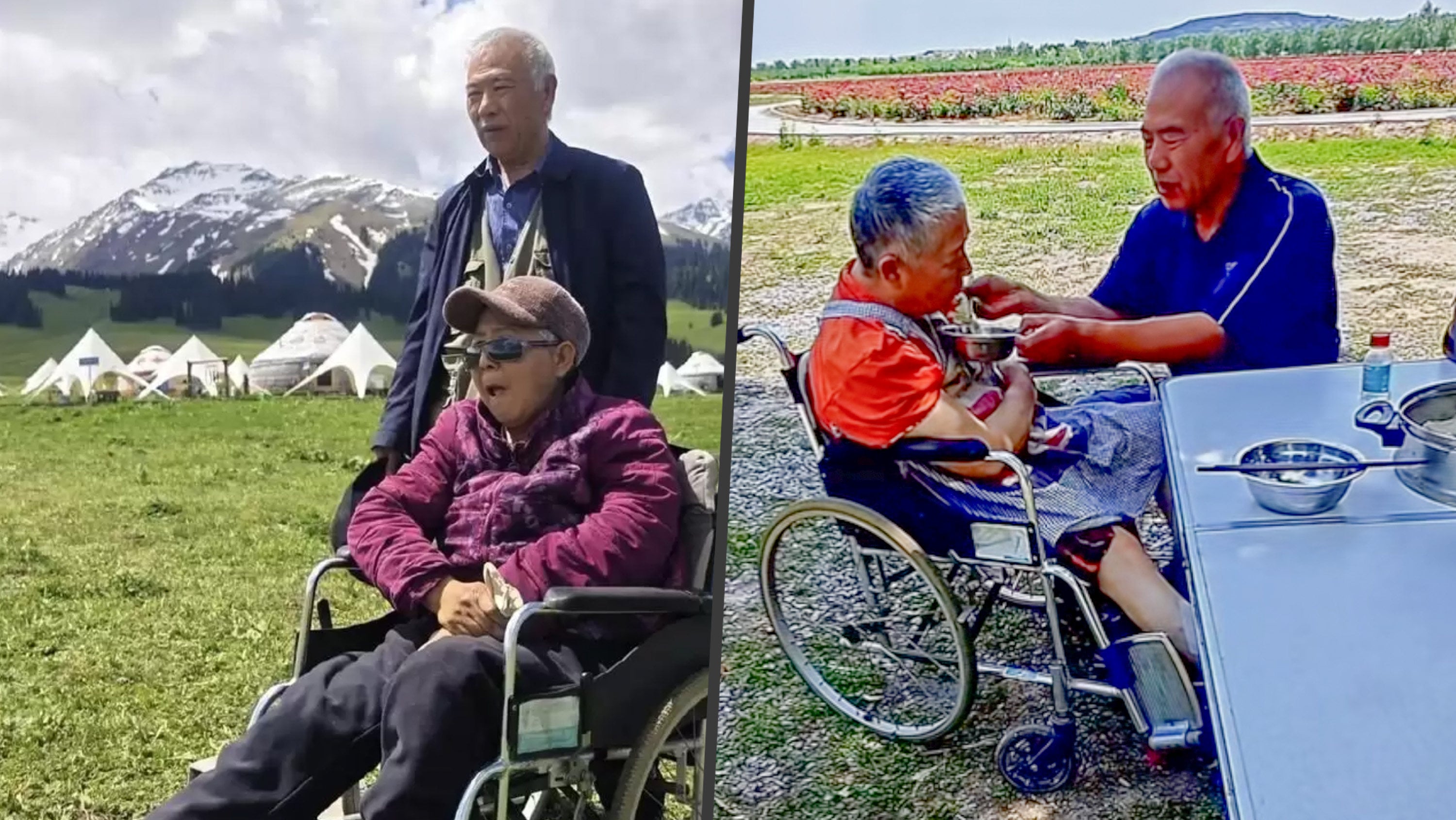 A 69-year-old husband has spent over a decade taking his partially paralysed wife on road trips across China in a custom campervan. Photo: SCMP composite/Douyin