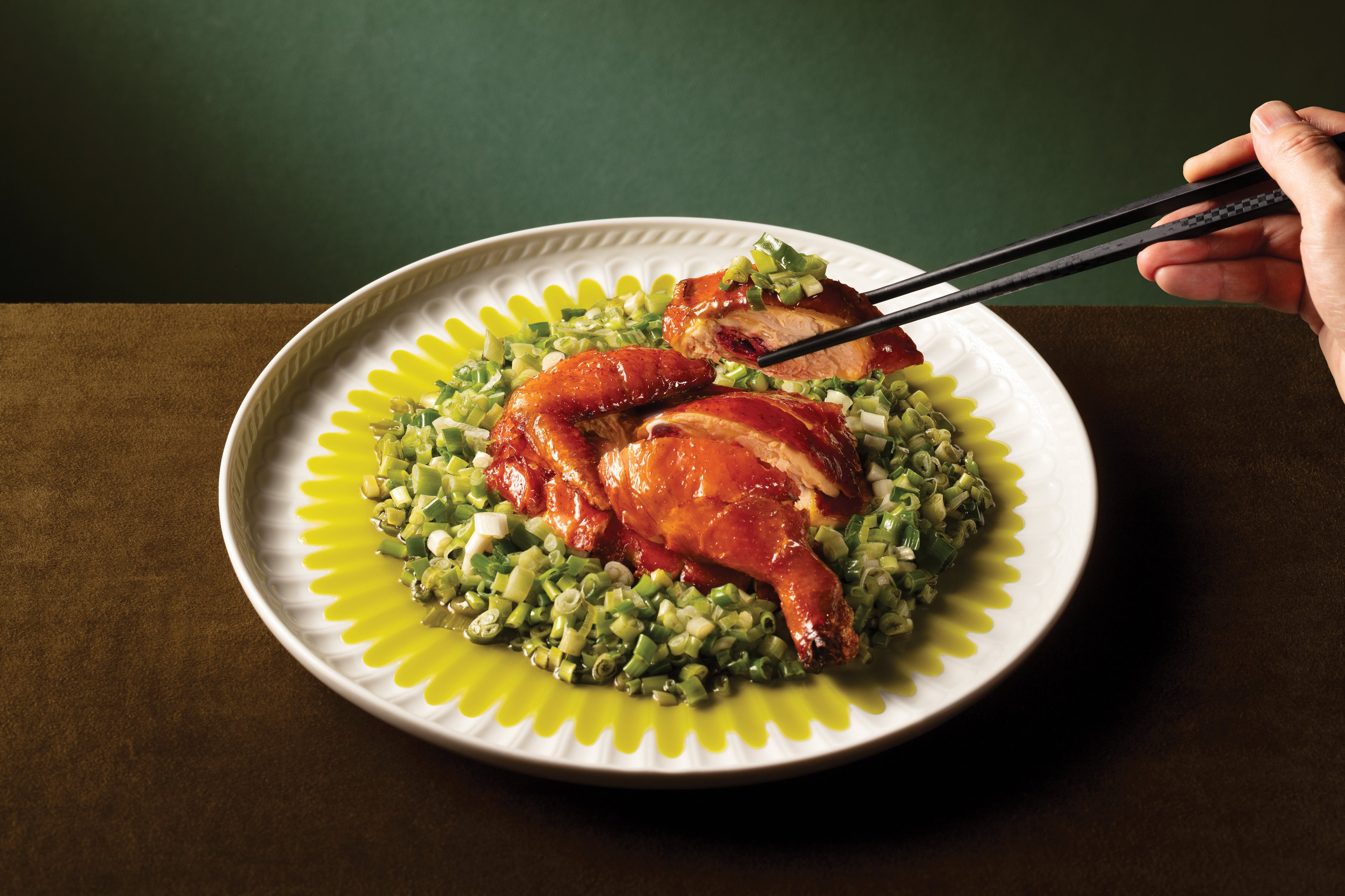 Crispy three-yellow chicken with scallion oil and mushroom sauce at Canto Jade. Photo: courtesy Canto Jade