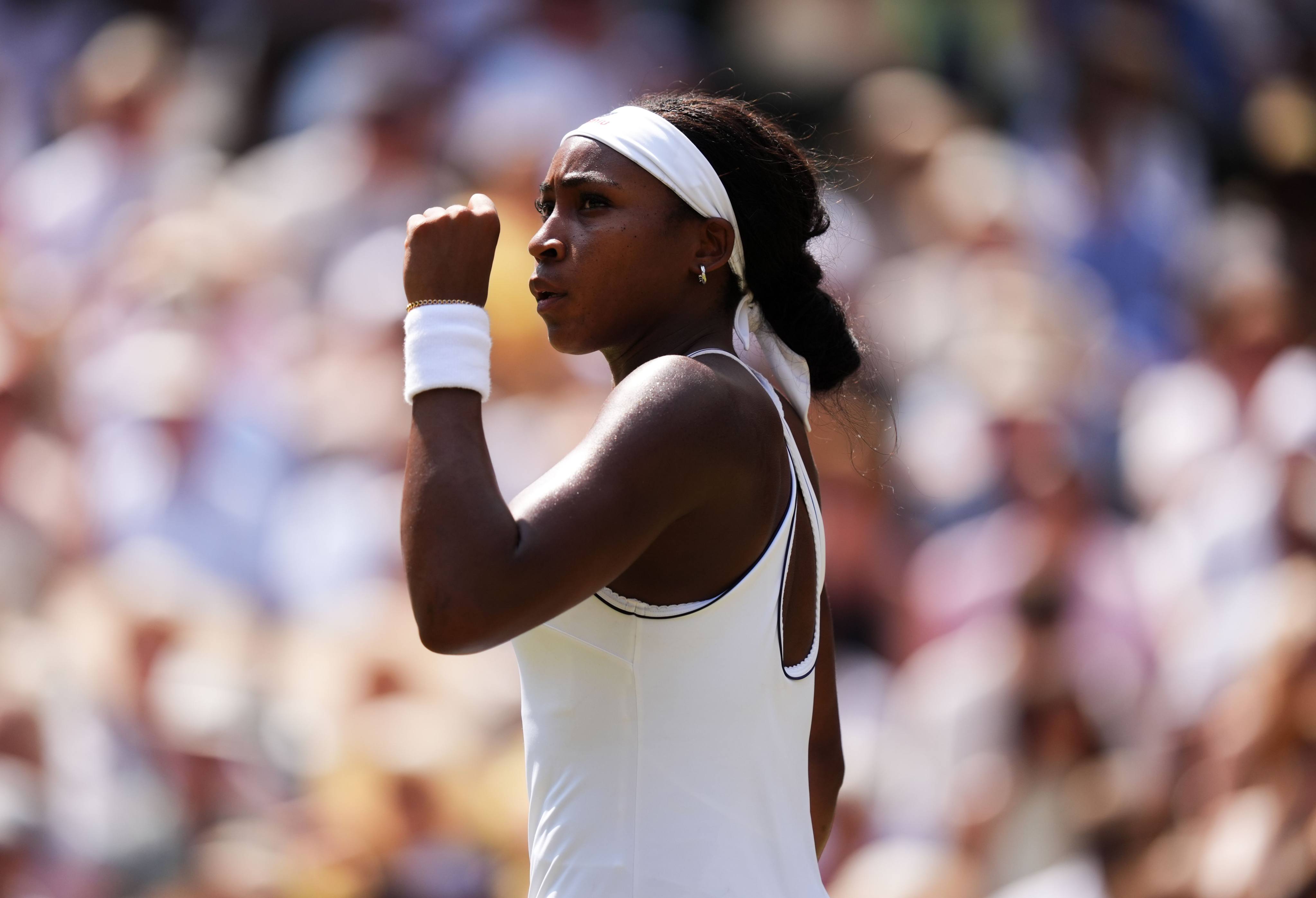 Coco Gauff wears a tennis bracelet above her wristband in the Wimbledon semi-final last month. Photo: PA Wire/dpa