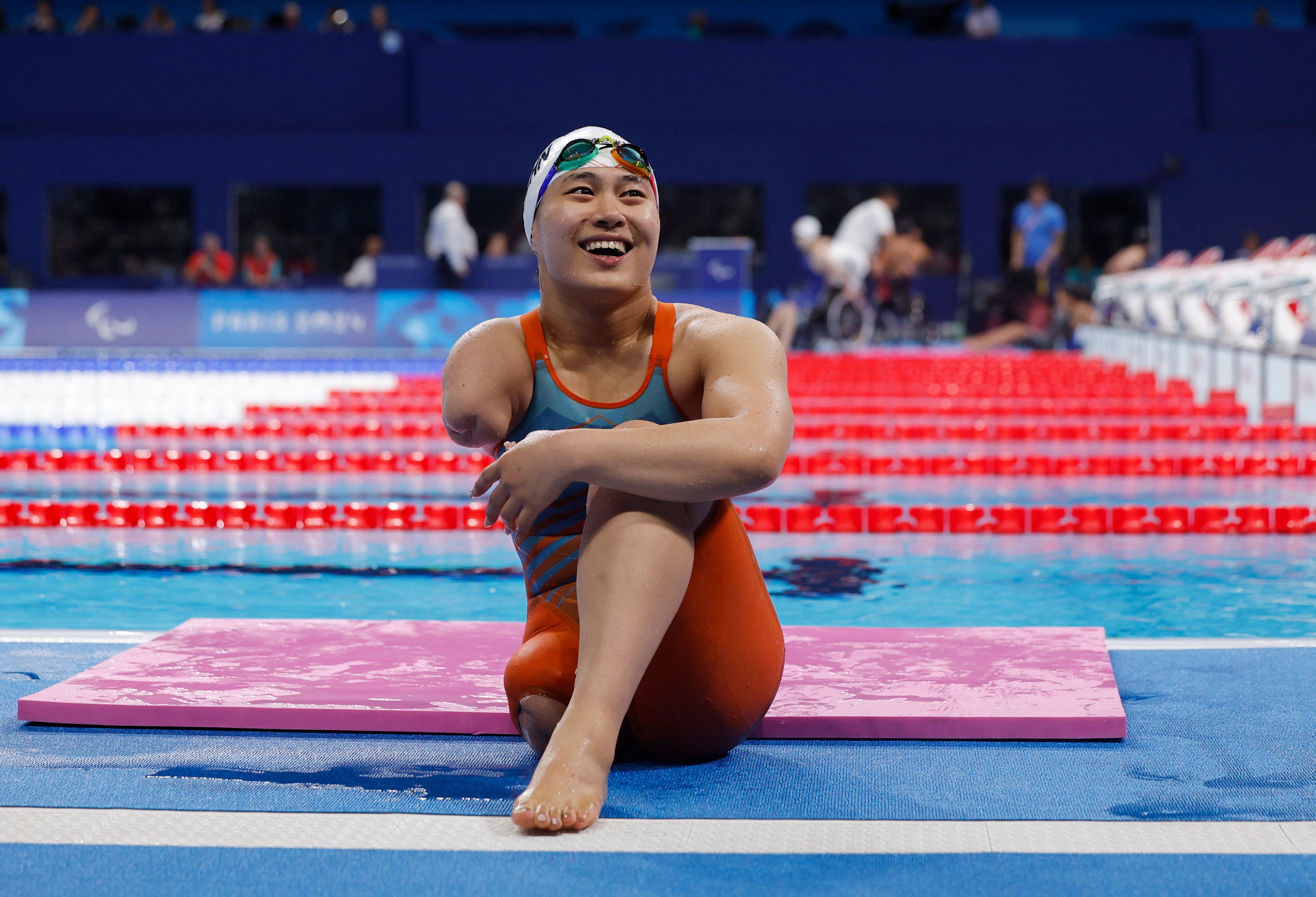 Jiang Yuyan beams after adding to China’s 2024 Paralympics medal haul with gold in the 400m freestyle S6 event. Photo: Reuters