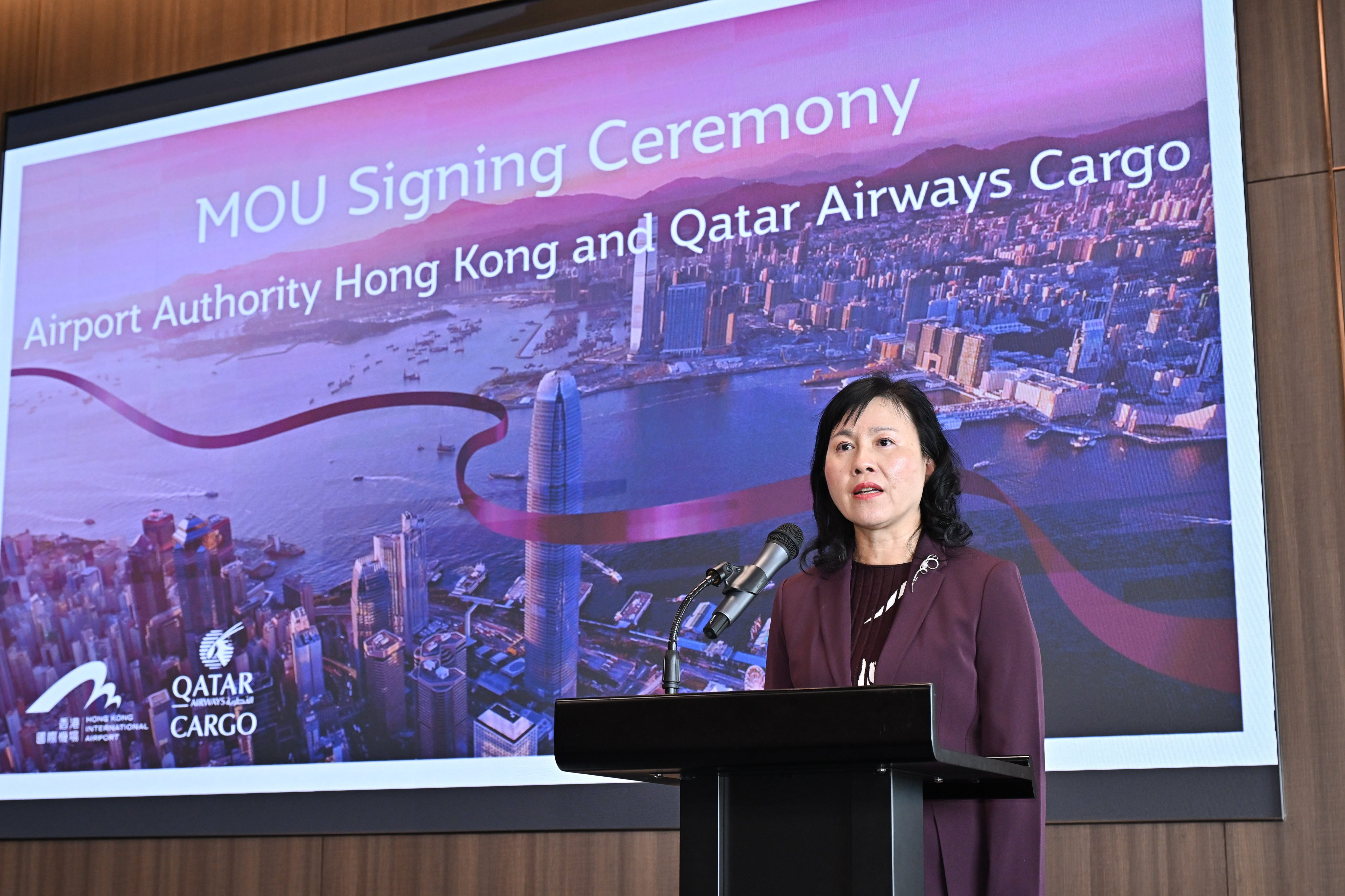 Transport minister Mable Chan dropped the reveal at the opening of Qatar Airways’ regional cargo office. Photo: Handout