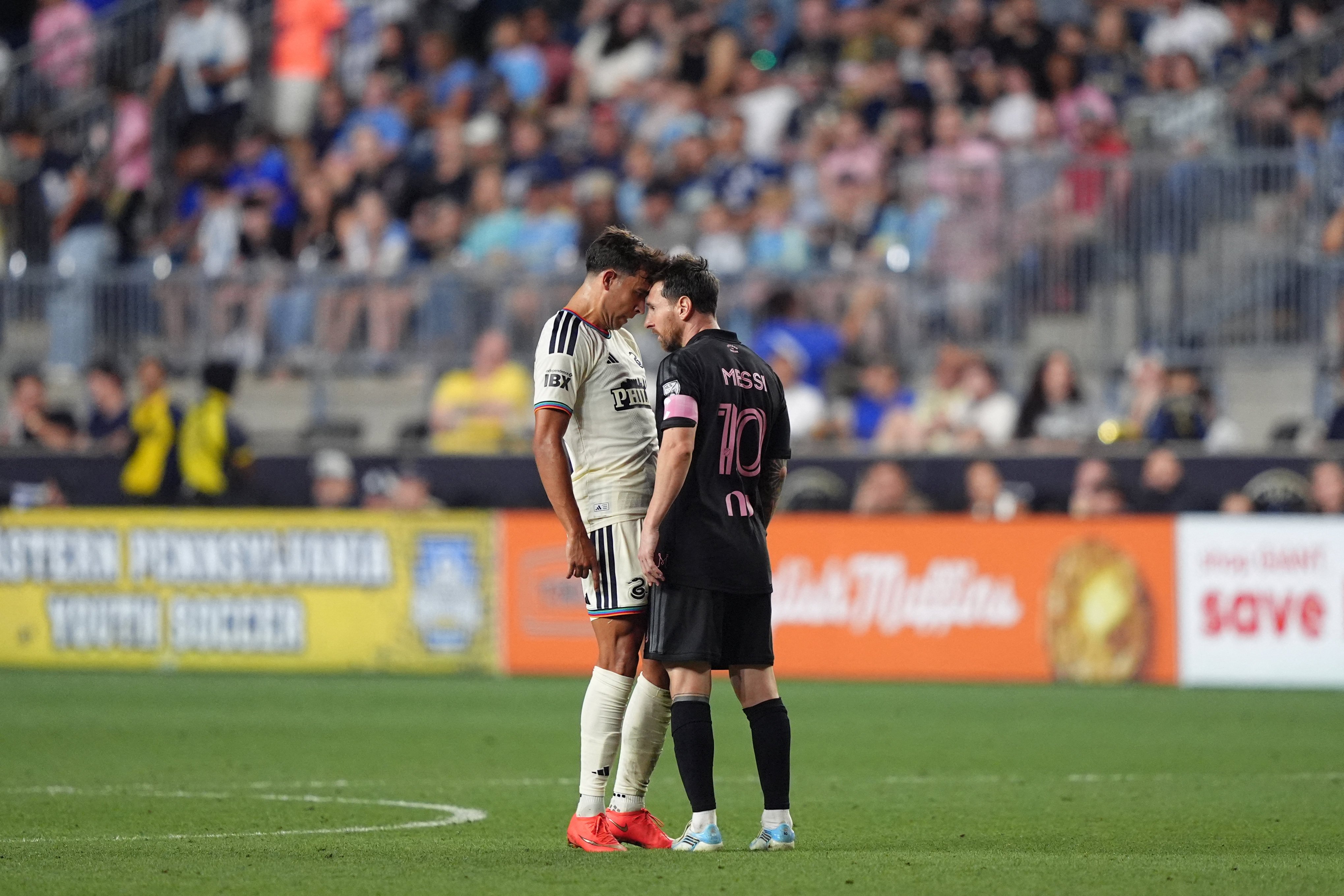 Lionel Messi squares up to Quinn Sullivan during Inter Miami’s 2-2 draw away at Philadelphia Union. Photo: Imagn Images