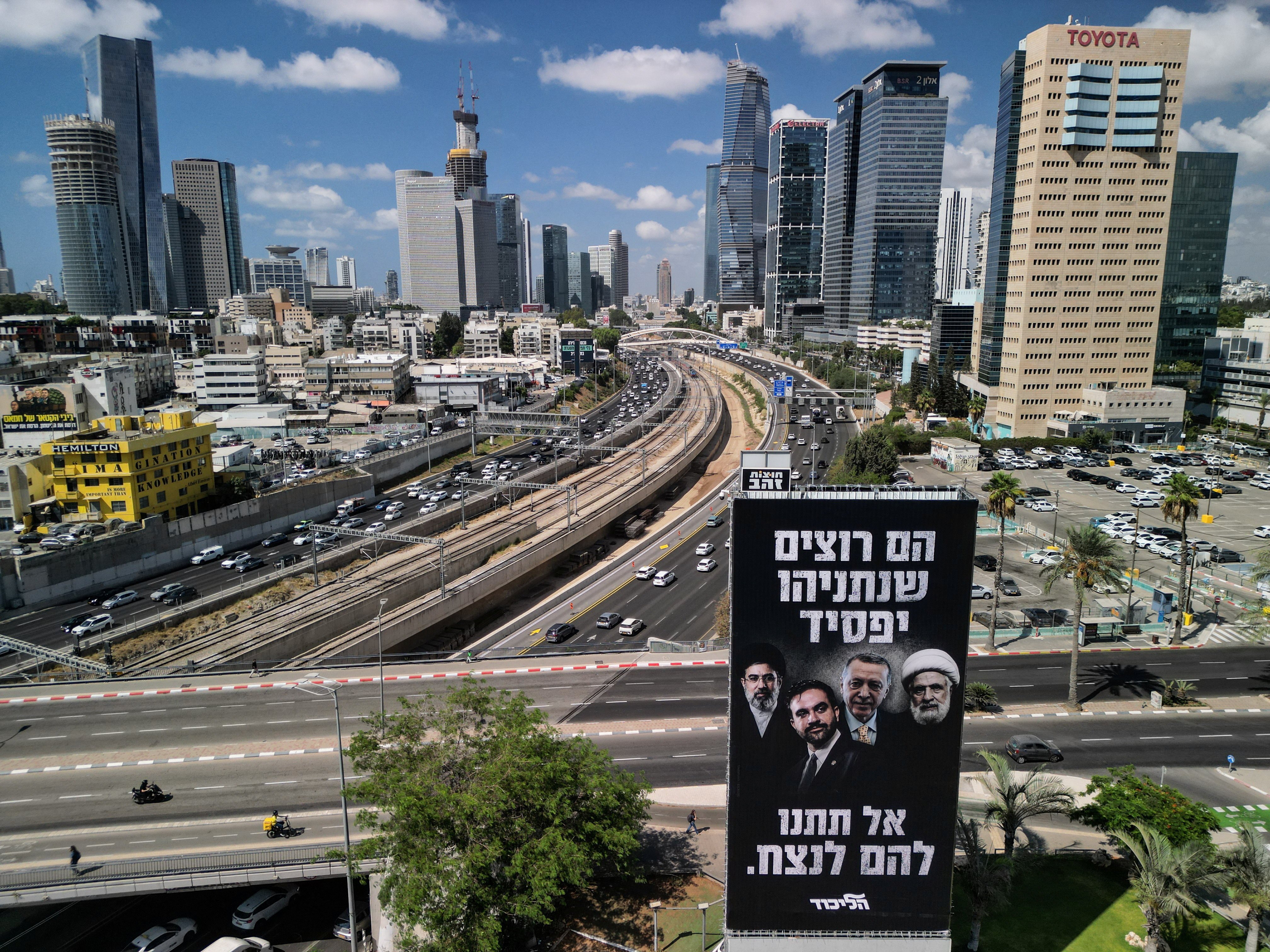 Israeli Prime Minister Benjamin Netanyahu’s election campaign team has put up billboards with images of several leaders, including Turkish President Recep Tayyip Erdogan, in Tel Aviv. Photo: Reuters