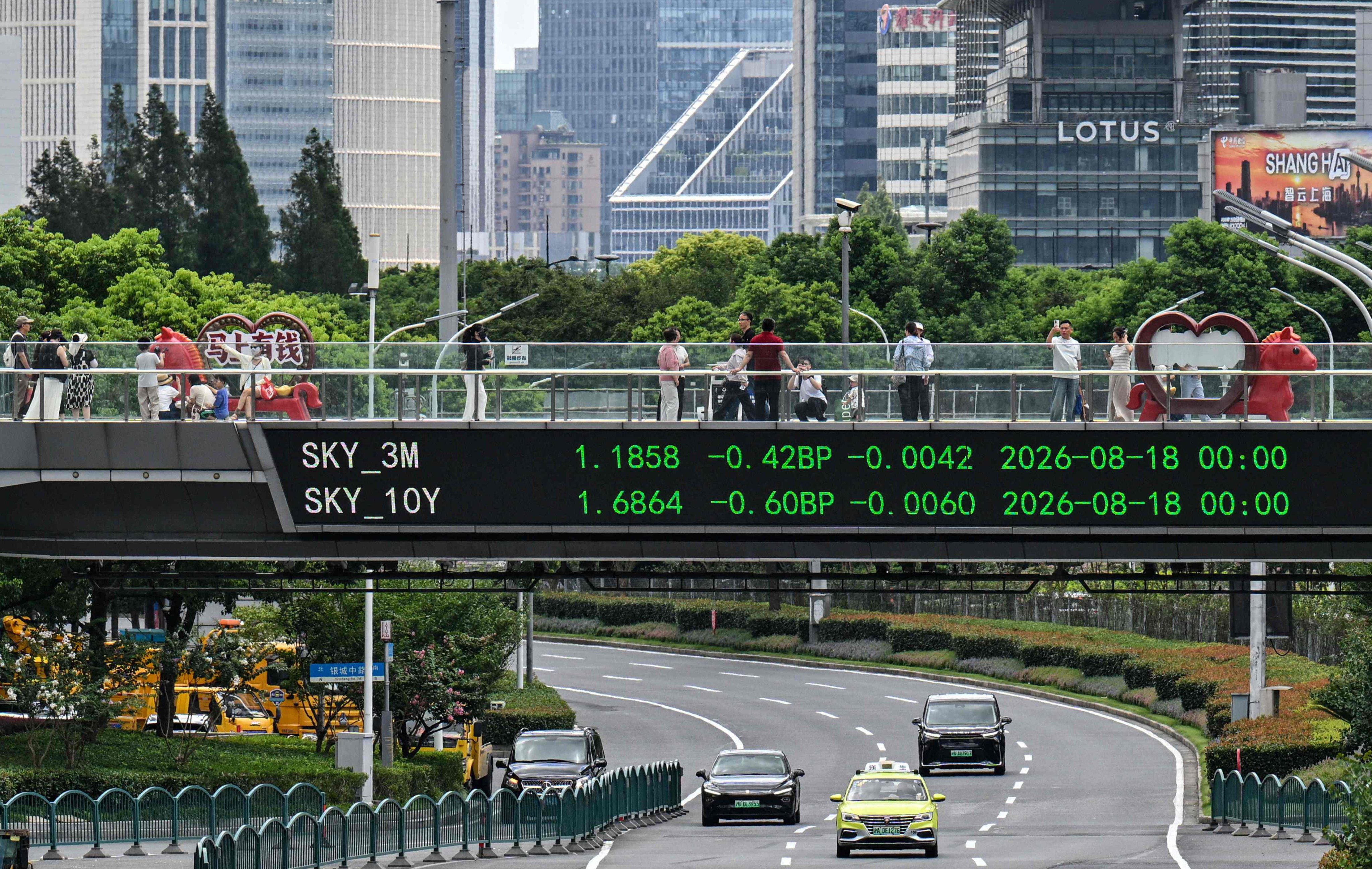 Bond yields displayed on a pedestrian walkway in Shanghai. Photo: AFP