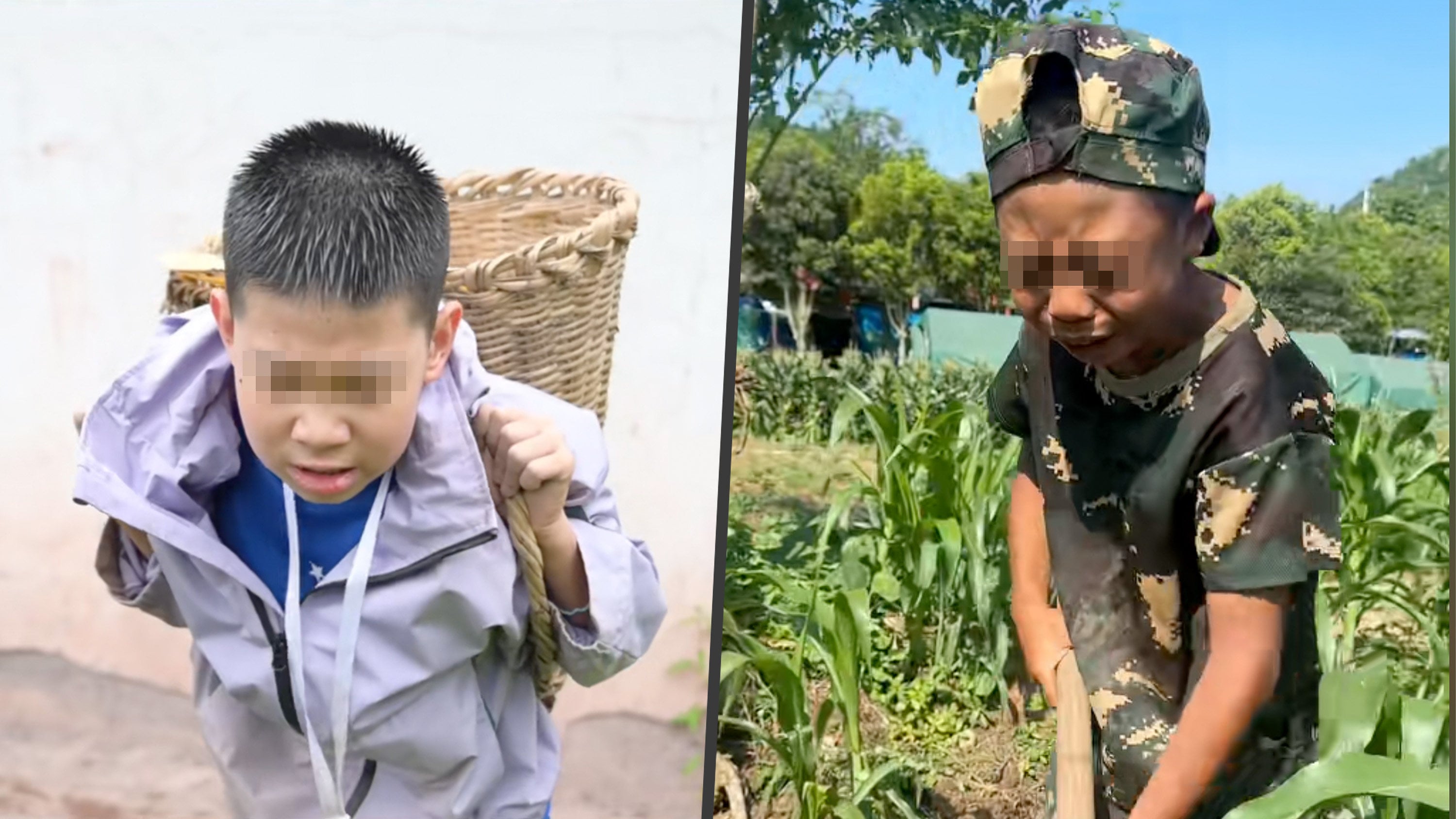 A trend in China, referred to as “hardship camps,” sees children engaged in strenuous tasks such as chopping wood and feeding pigs, often resulting in tears. Photo: SCMP composite/RedNote