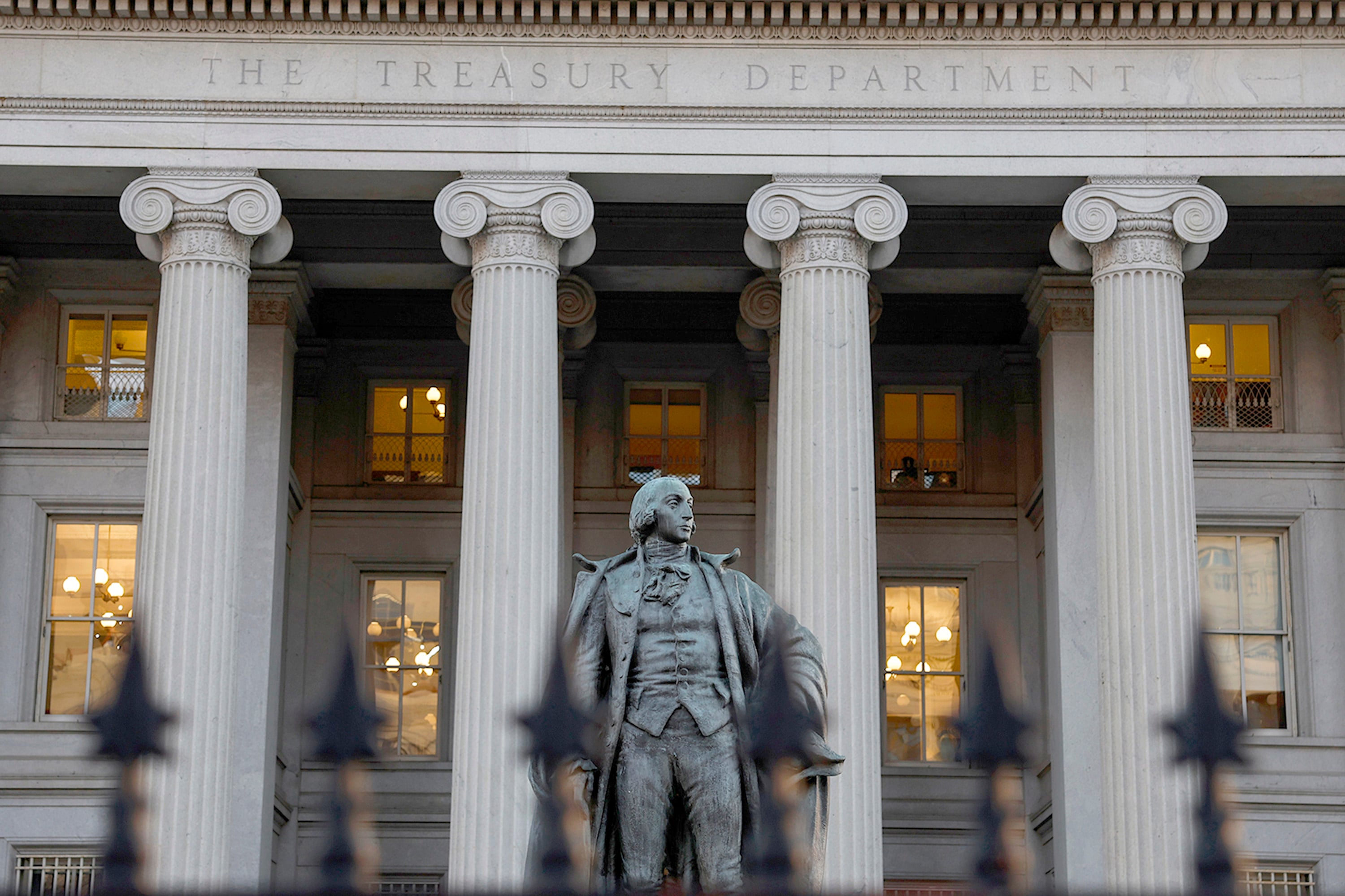 A statue of Alexander Hamilton stands in front of the Treasury Department building in Washington. Photo: TNS