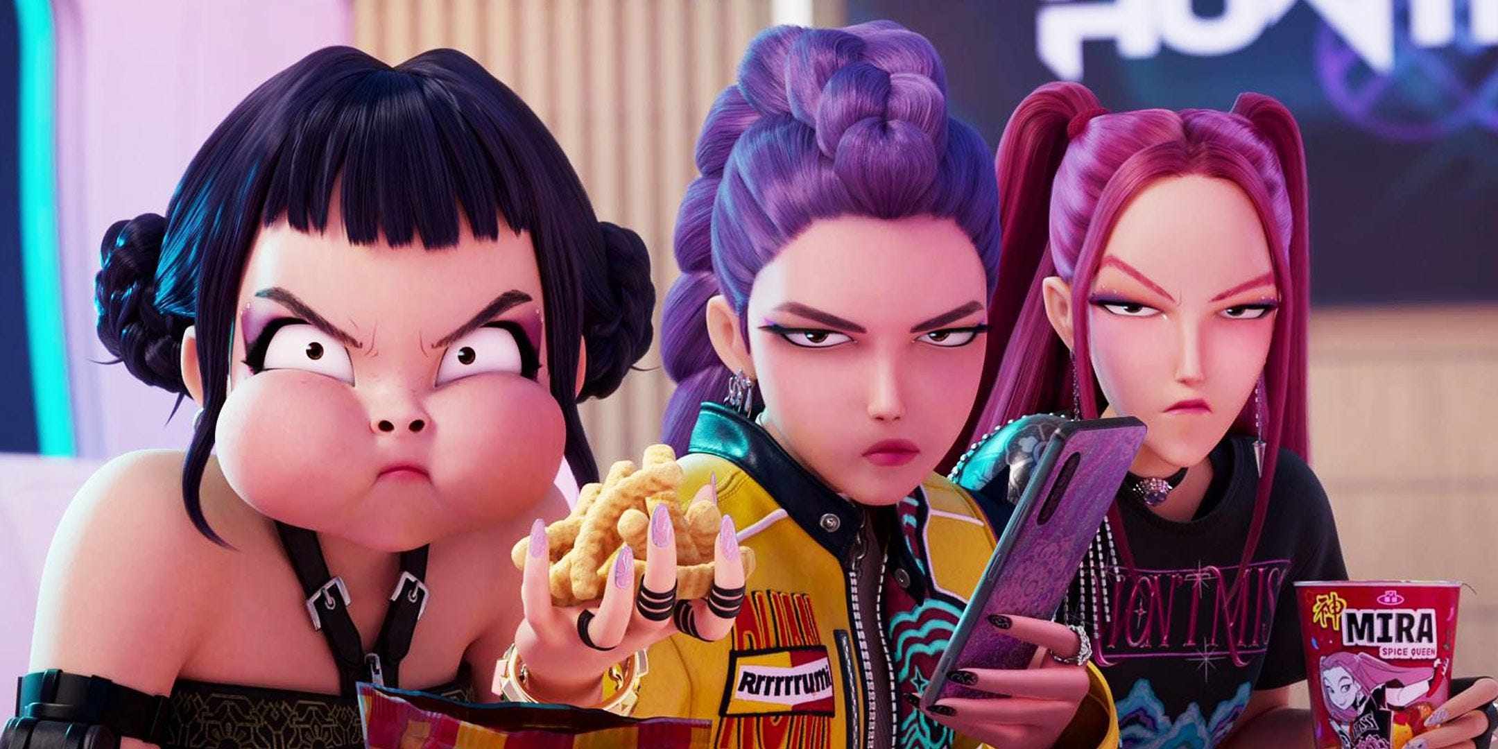 Left to right: Zoey (voiced by Ji-young Yoo), Rumi (Arden Cho) and Mira (May Hong), the titular KPop Demon Hunters. Image: Netflix