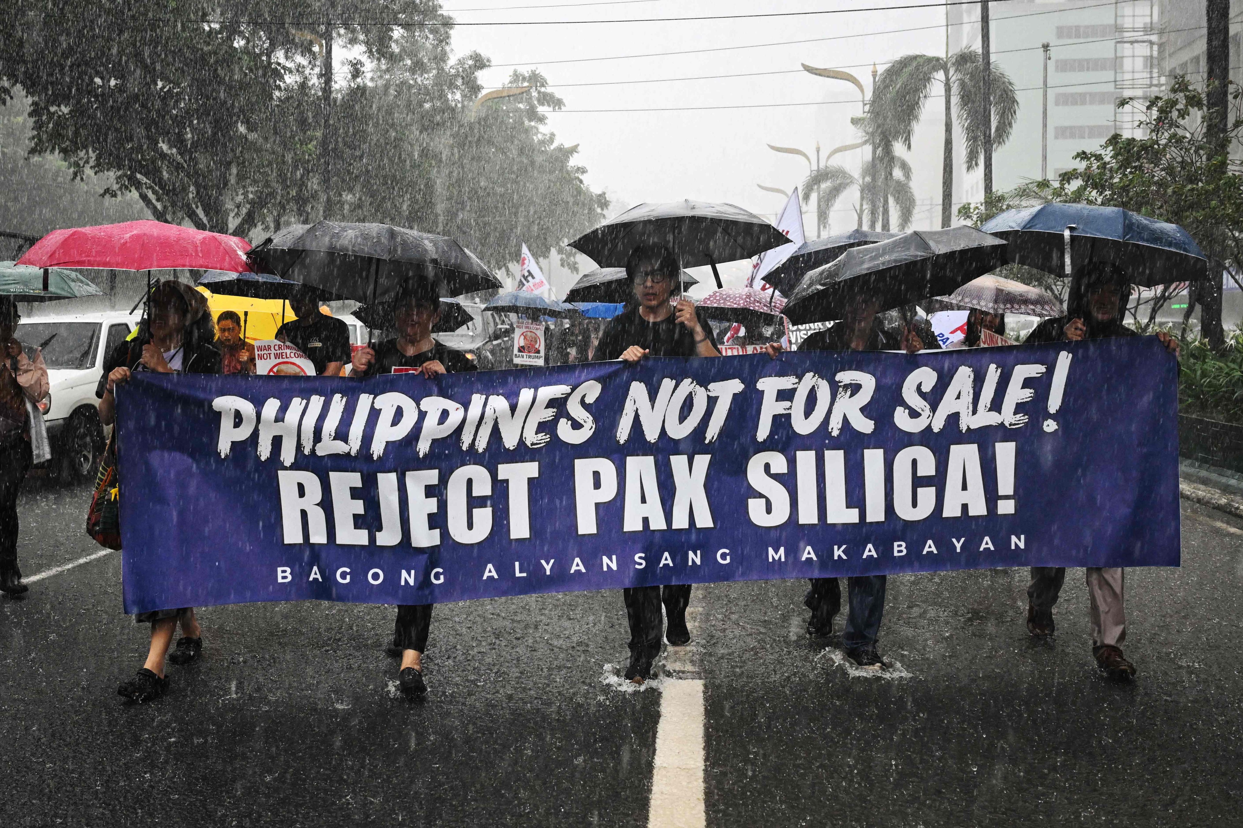 Protesters march in Manila on August 13 against Pax Silica, a US-led initiative established in December with the aim of reducing “coercive dependencies”. Photo: AFP