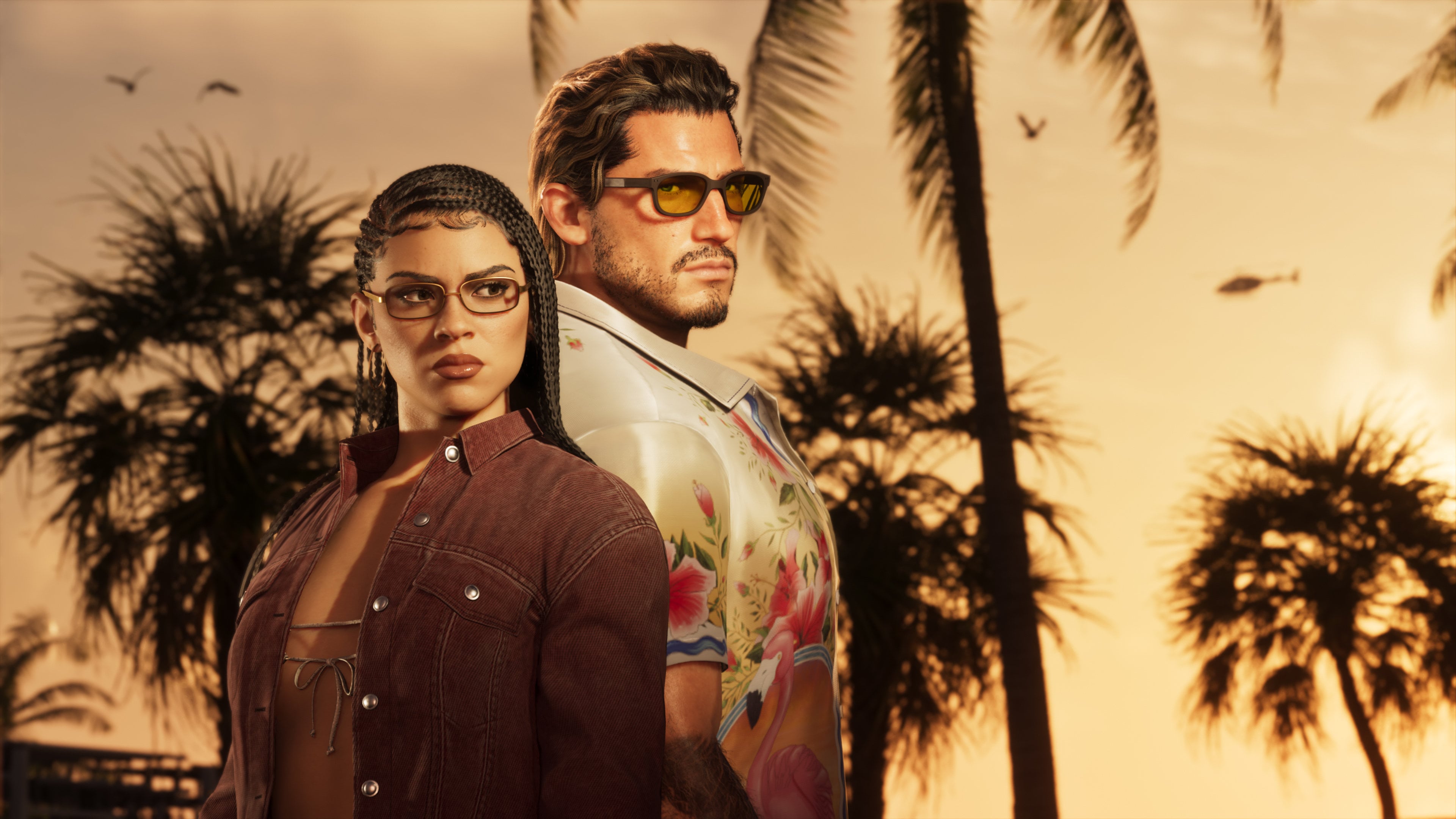 Grand Theft Auto VI protagonists Lucia Caminos and Jason Duval are seen in a promotional image for the game. Image: Rockstar Games