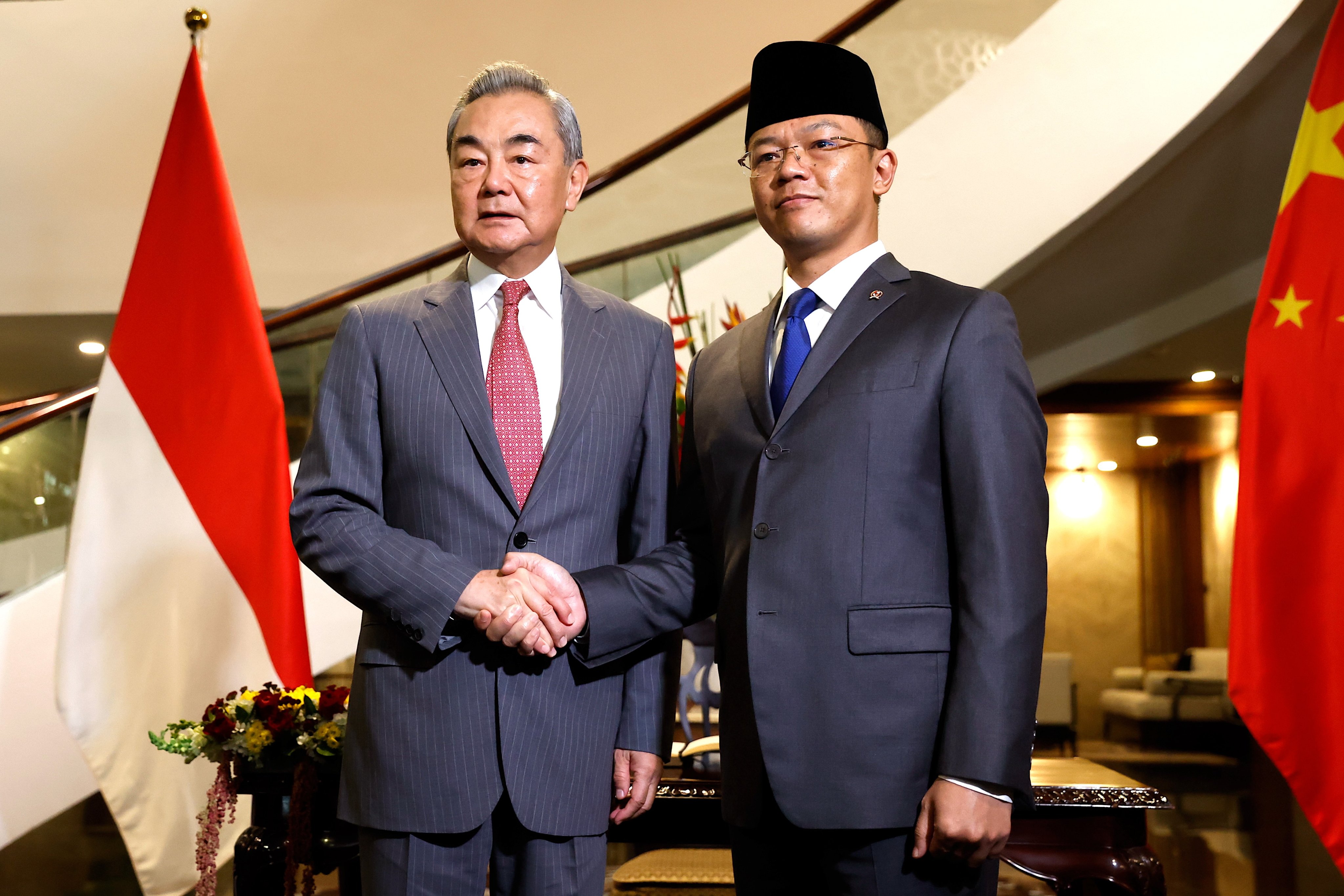 Chinese Foreign Minister Wang Yi and his Indonesian counterpart Sugiono meet for talks in Jakarta on Friday. Photo: EPA