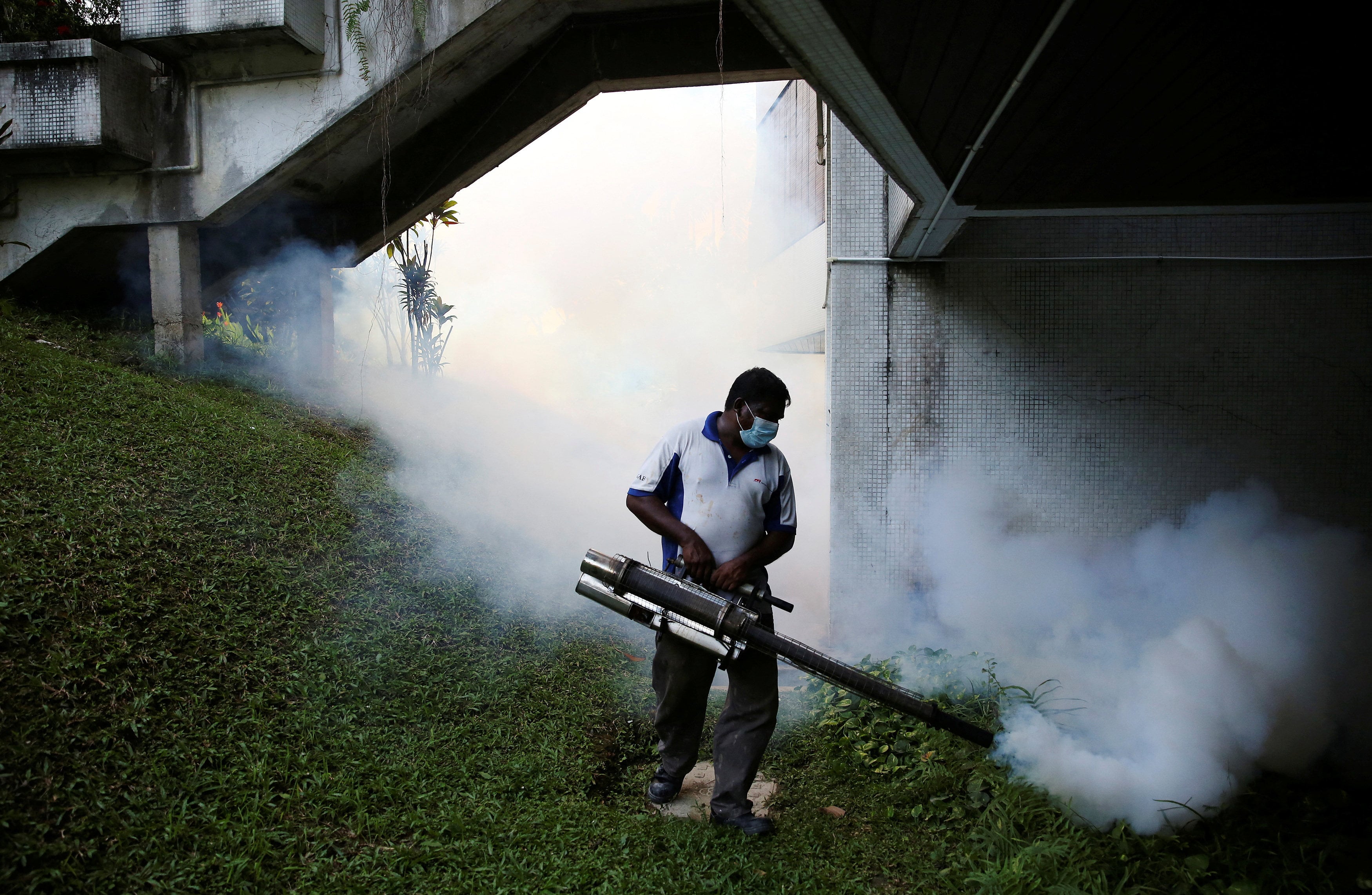 A pest control worker sprays insecticide to help control the spread of dengue fever carried by mosquitoes in Kuala Lumpur, Malaysia. Photo: Reuters