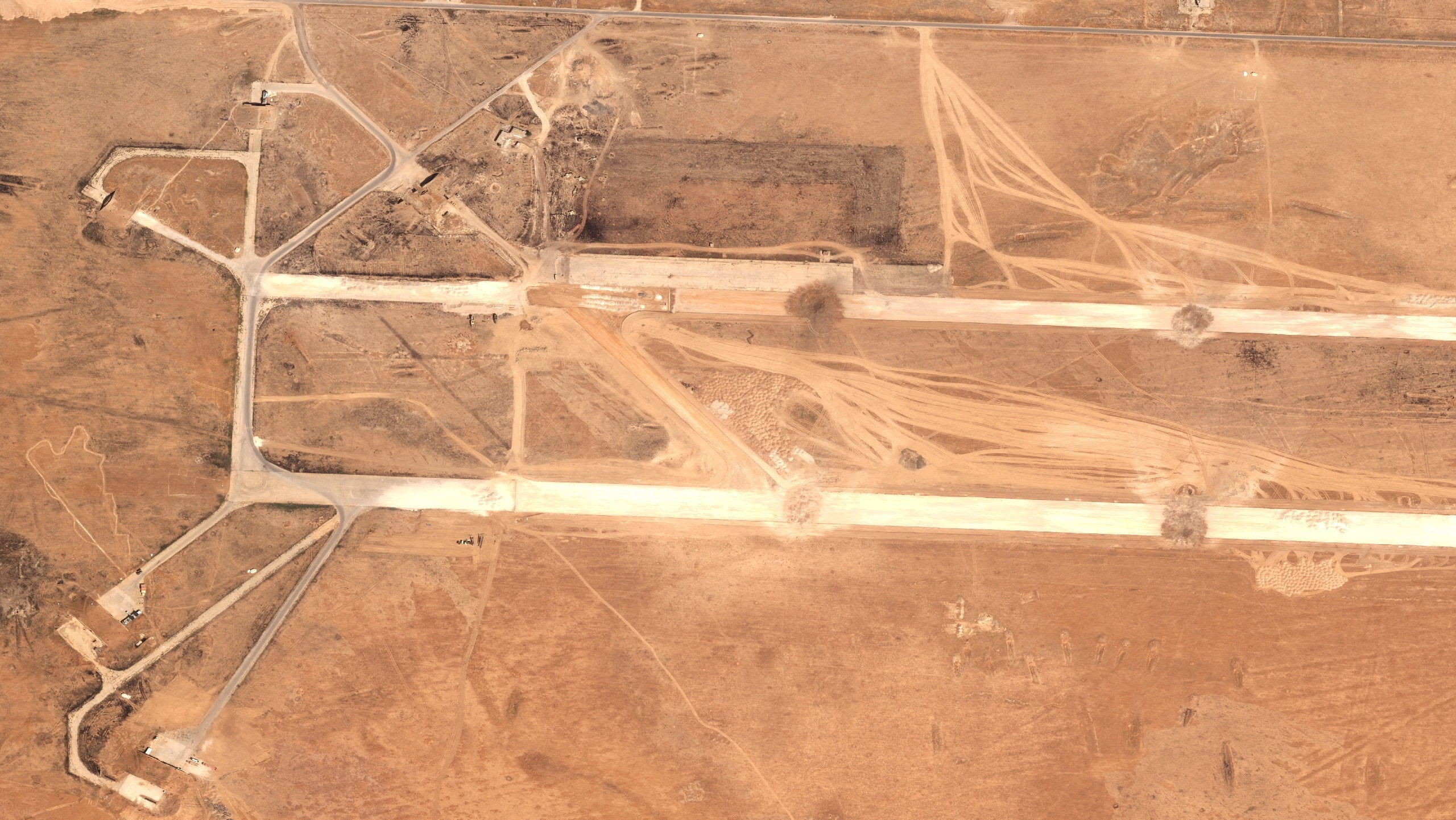 A satellite image shows craters on the runways of Abu Al-Duhur airbase near Syria’s Aleppo after an Israeli attack on Tuesday. Photo: Pleiades Neo © Airbus DS 2026/Reuters