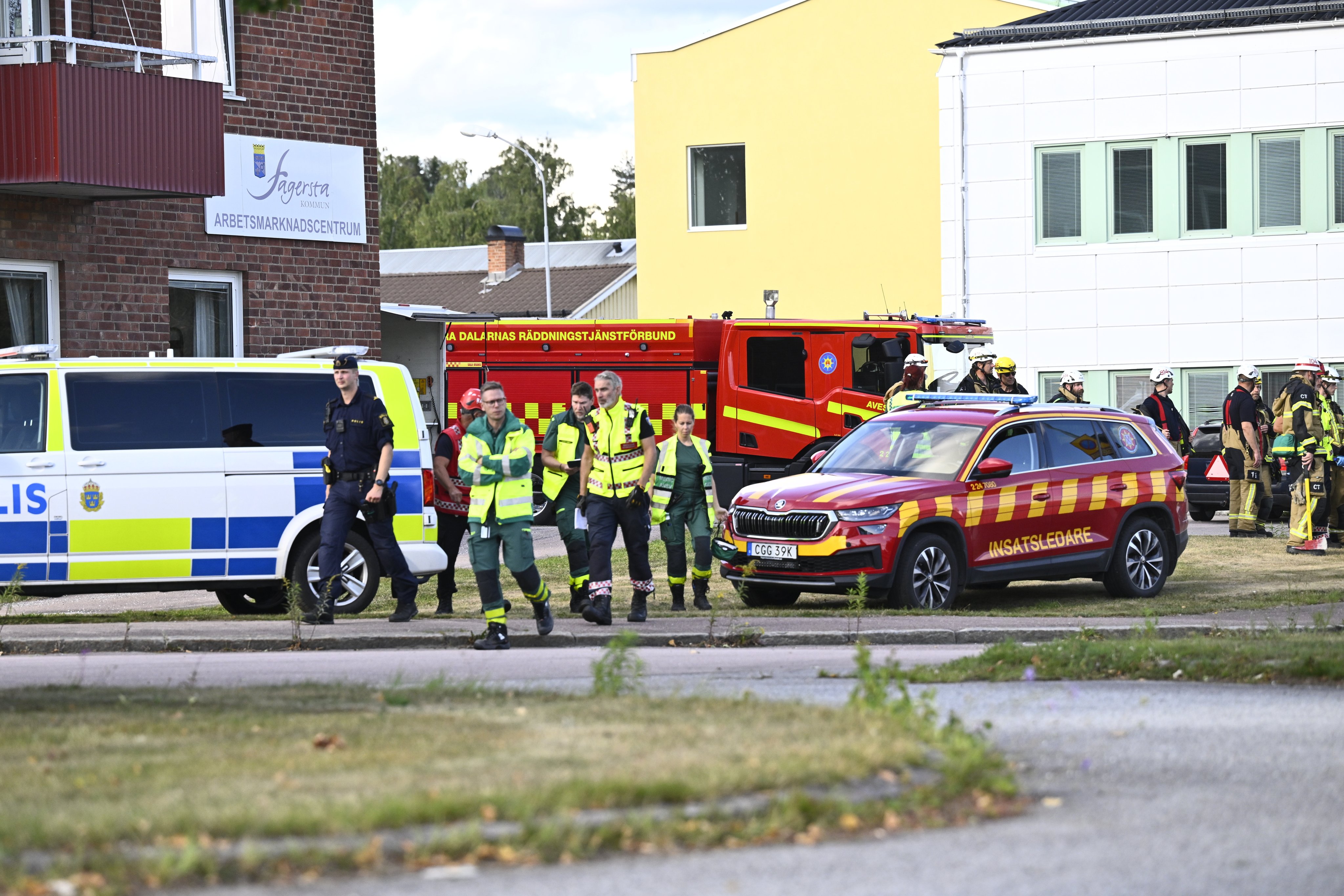 Police and rescue services on site at Brinellskolan school during an emergency response after a man with a sword reportedly attacked several people at the school in Fagersta, Sweden, on Friday. Photo: EPA