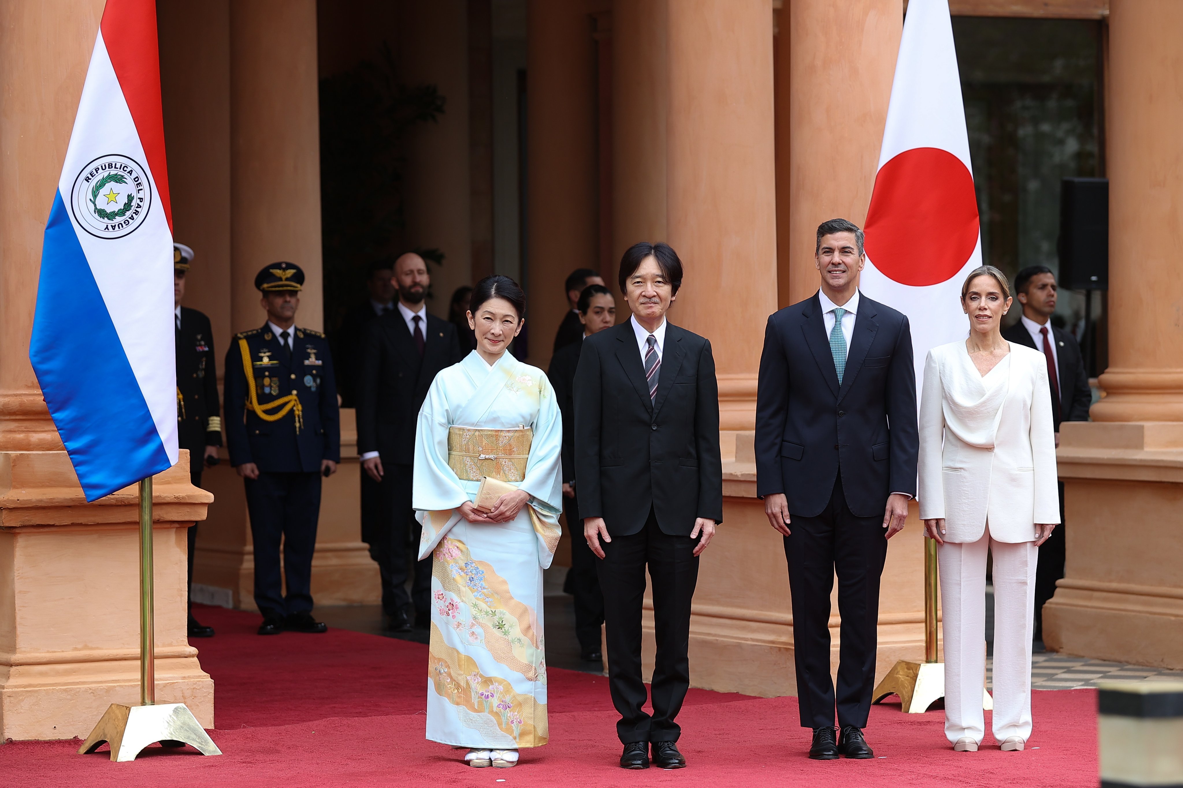 (From left) Japan’s Crown Princess Kiko and Crown Prince Fumihito with Paraguayan President Santiago Pena and first lady Leticia Ocampos at a welcome ceremony in Asuncion, Paraguay, on Thursday. Photo: EPA