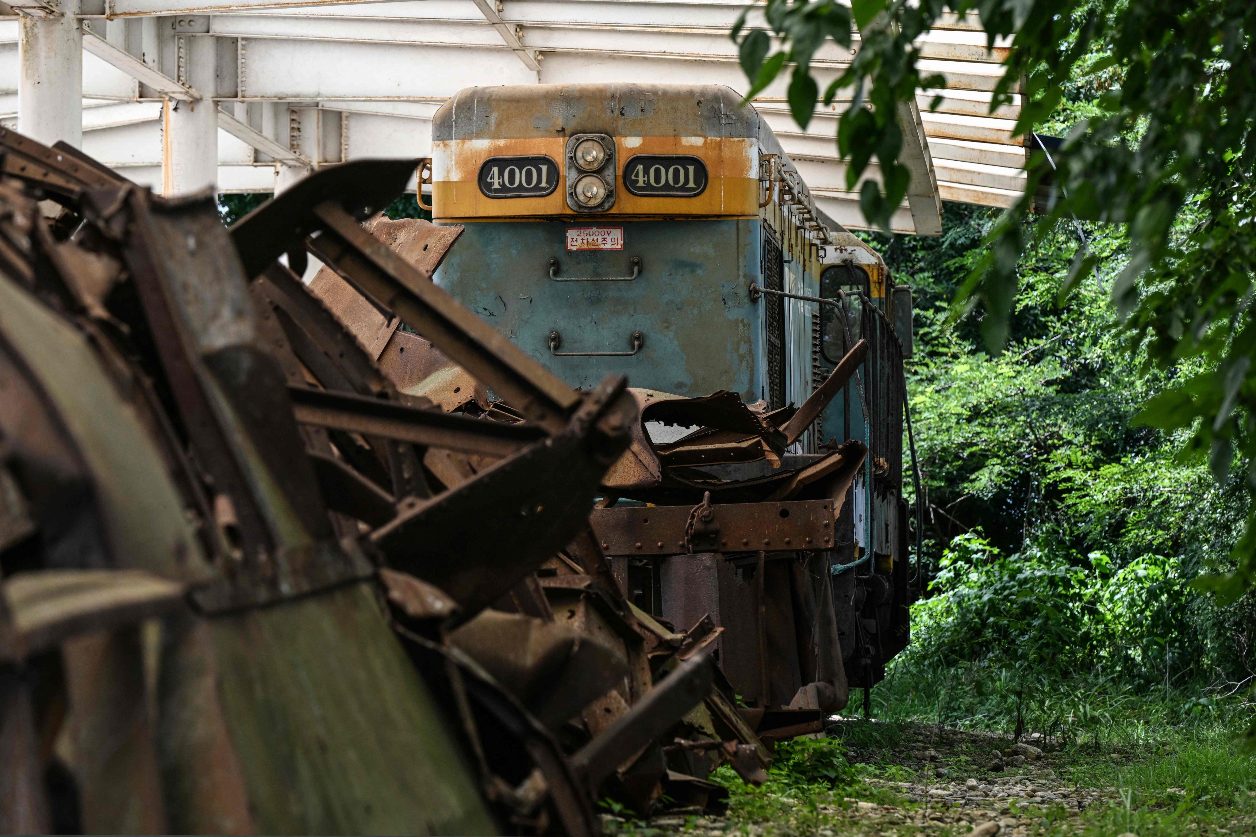 A locomotive behind a burnt-out train carriage at the Woljeong-ri station in August. The station destroyed during the 1950-53 Korean war, was rebuilt at its current site in Cheorwon in 1988. Photo: AFP