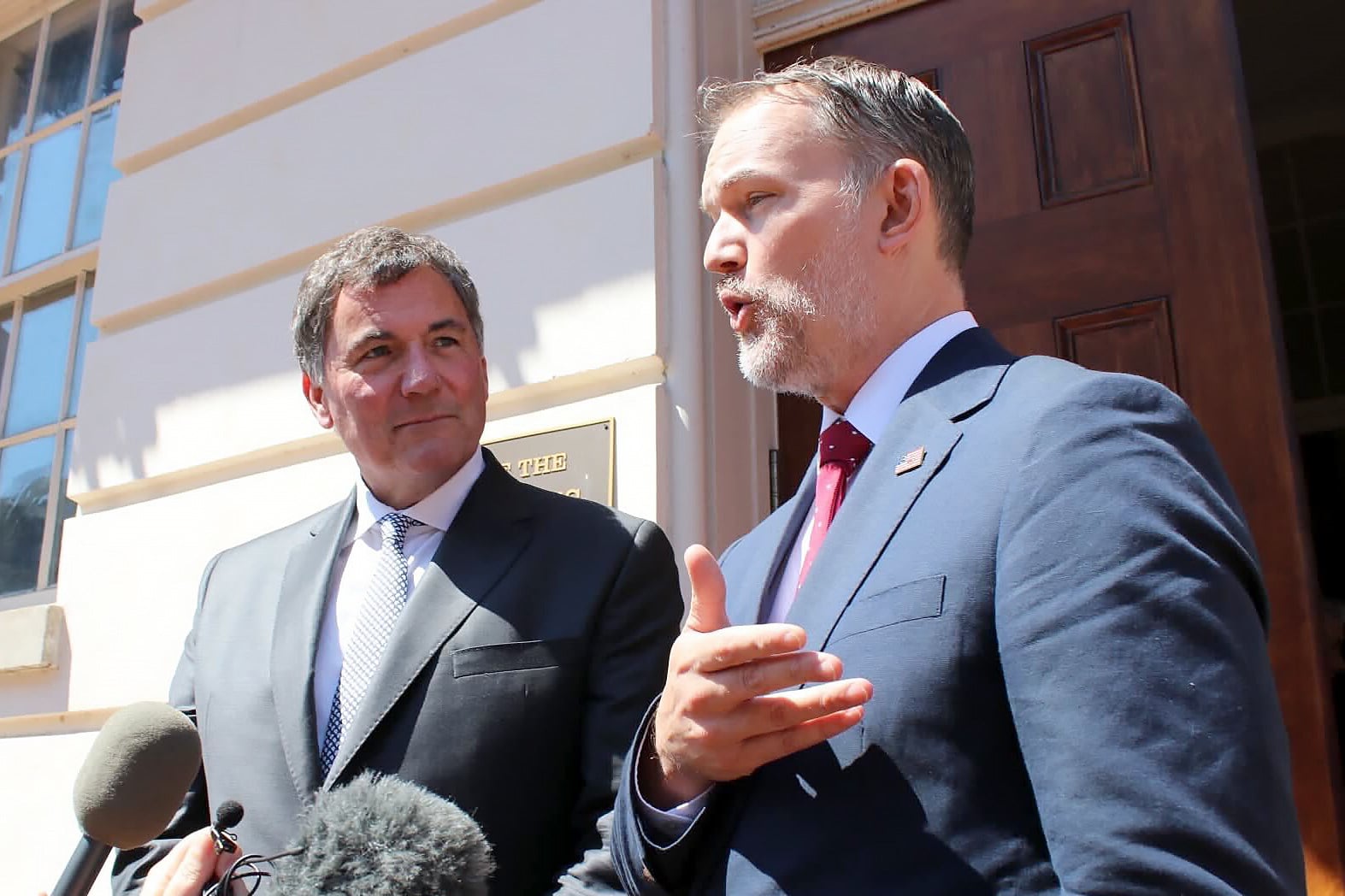 Canada-US Trade Minister Dominic LeBlanc (left) and United States Trade Representative Jamieson Greer speak to reporters in Washington, on Wednesday. Photo: The Canadian Press/AP