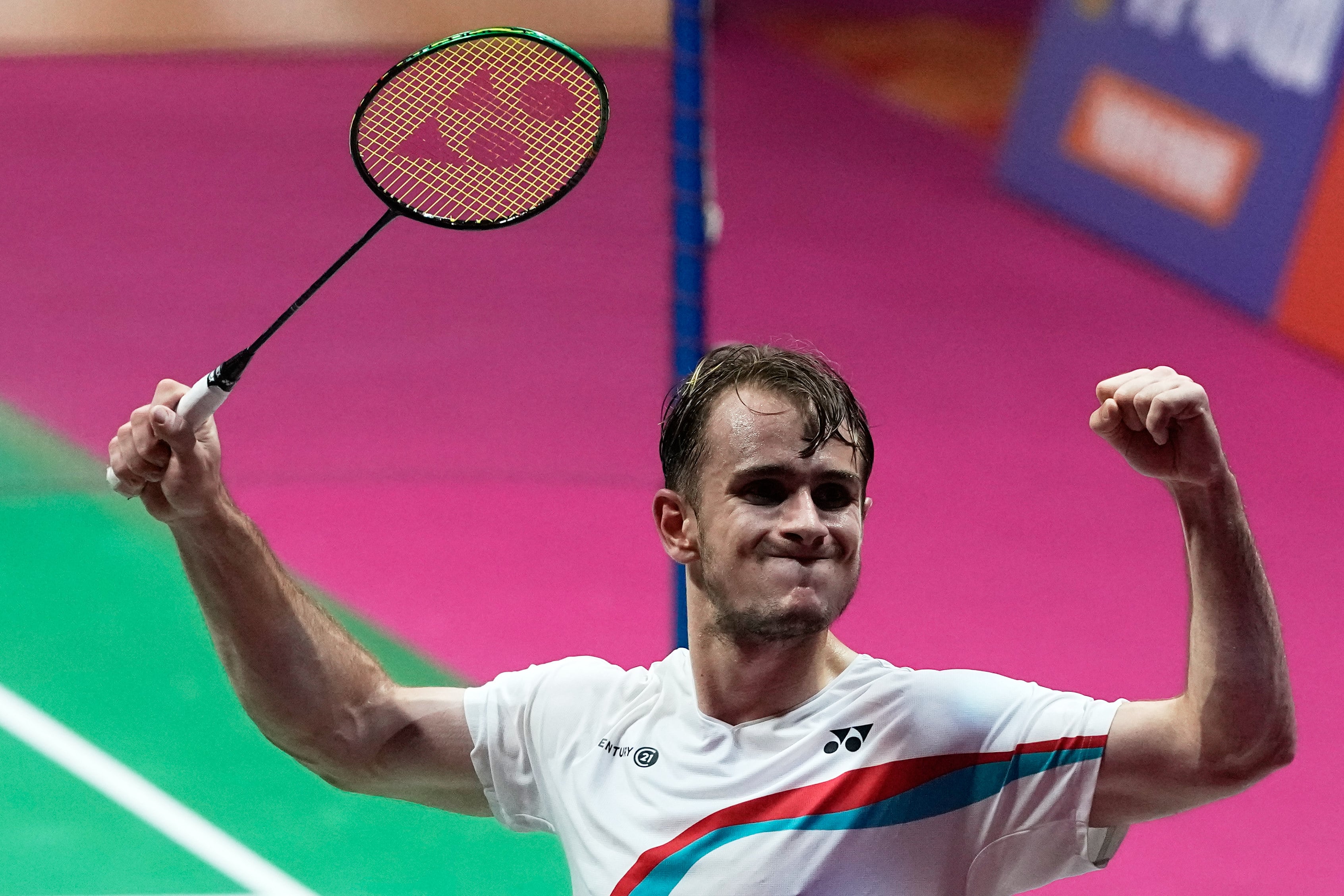 France’s Alex Lanier celebrates his win against Japan’s Kodai Naraoka in the men’s singles final of the world championships in New Delhi on Sunday. Photo: AP