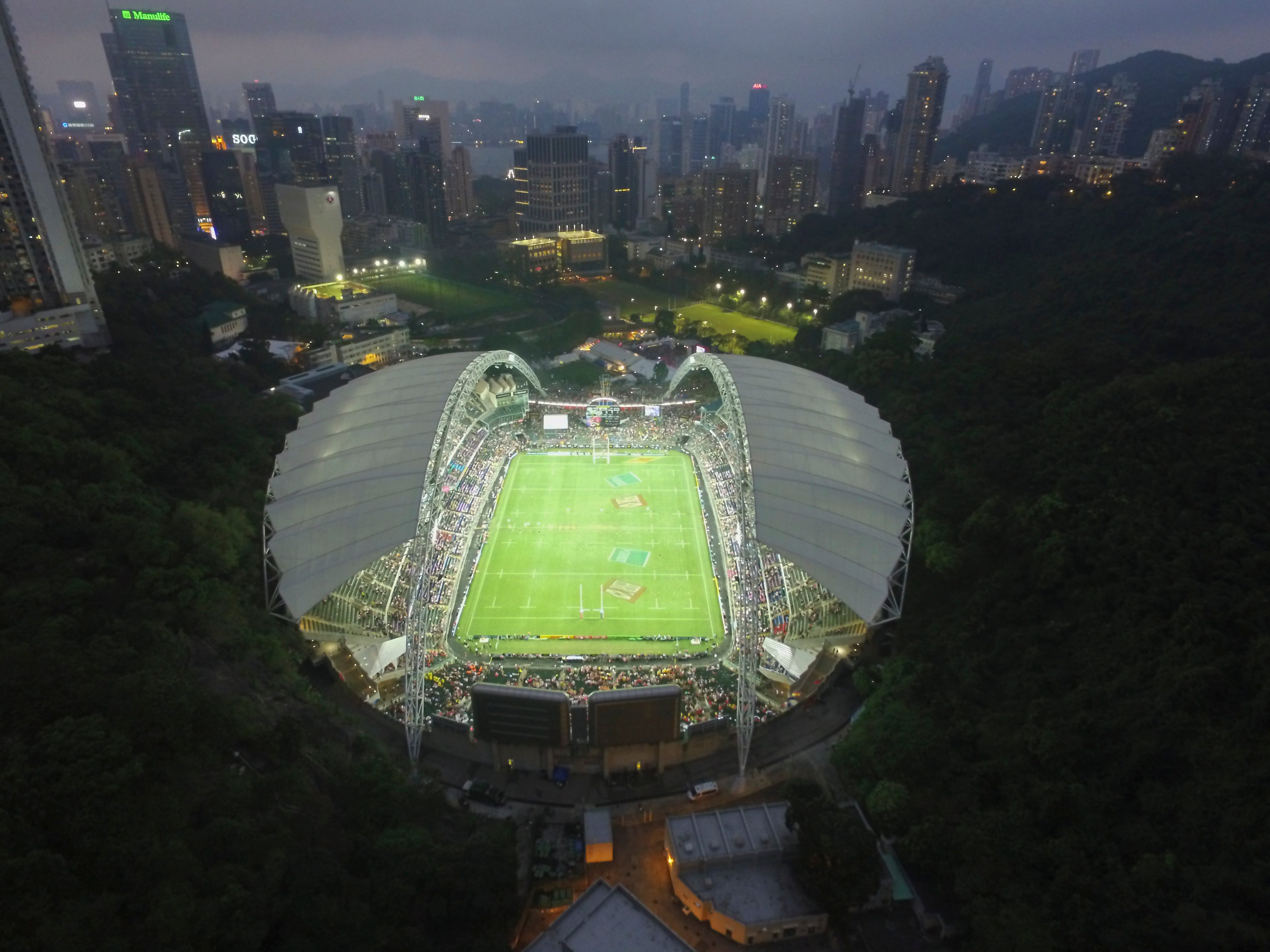 An aerial shot by a drone overlooking Hong Kong Stadium on the second day of the Cathay Pacific/HSBC Hong Kong Sevens on April 9, 2016. Photo: Bruce Yan