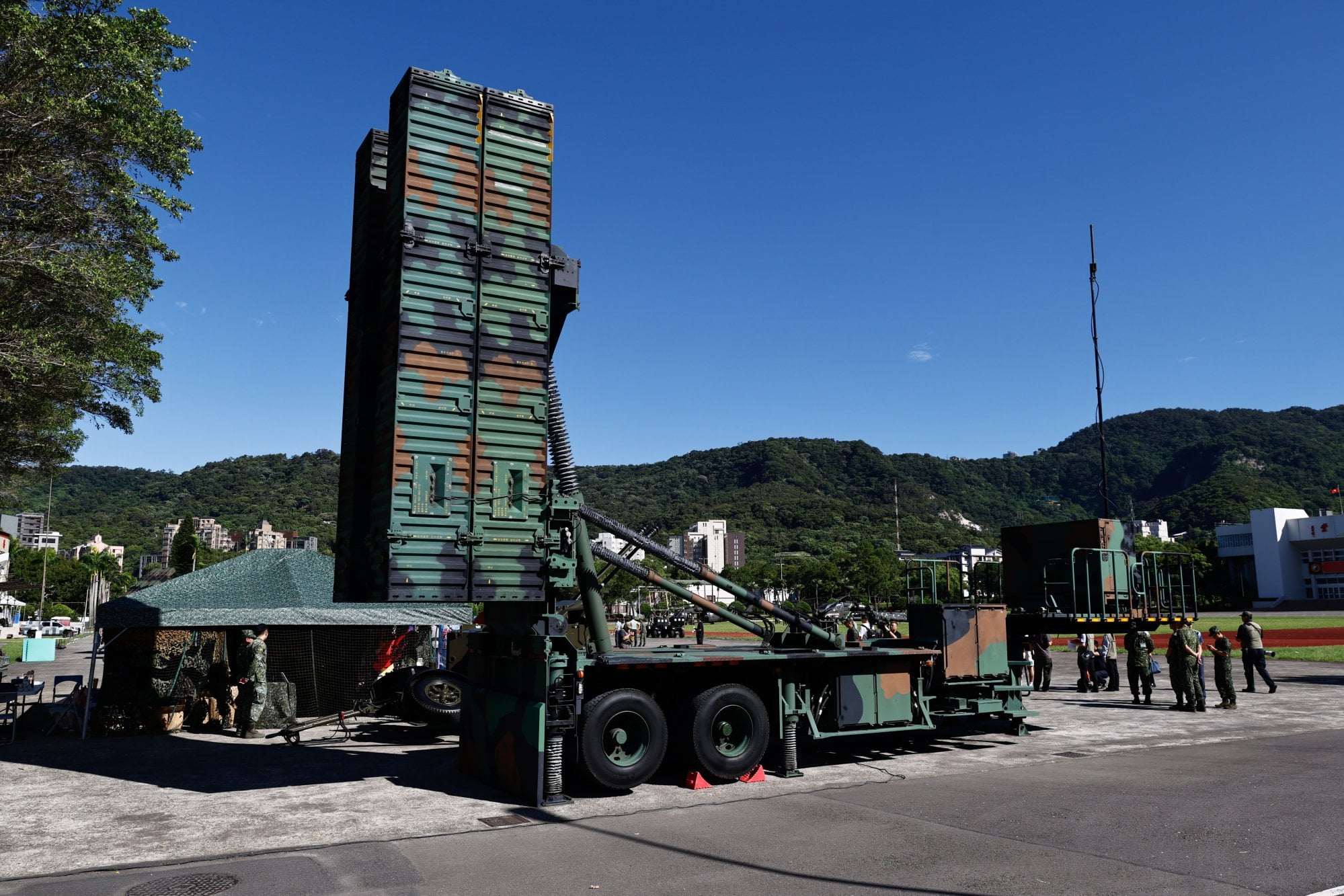 Taiwan’s Tien Kung III surface-to-air missile launcher is displayed inside a military campus in Taipei, Taiwan, on July 24, 2026. Photo: EPA Taiwan’s Tien Kung III surface-to-air missile launcher is displayed inside a military campus in Taipei, Taiwan, on July 24, 2026. Photo: EPA