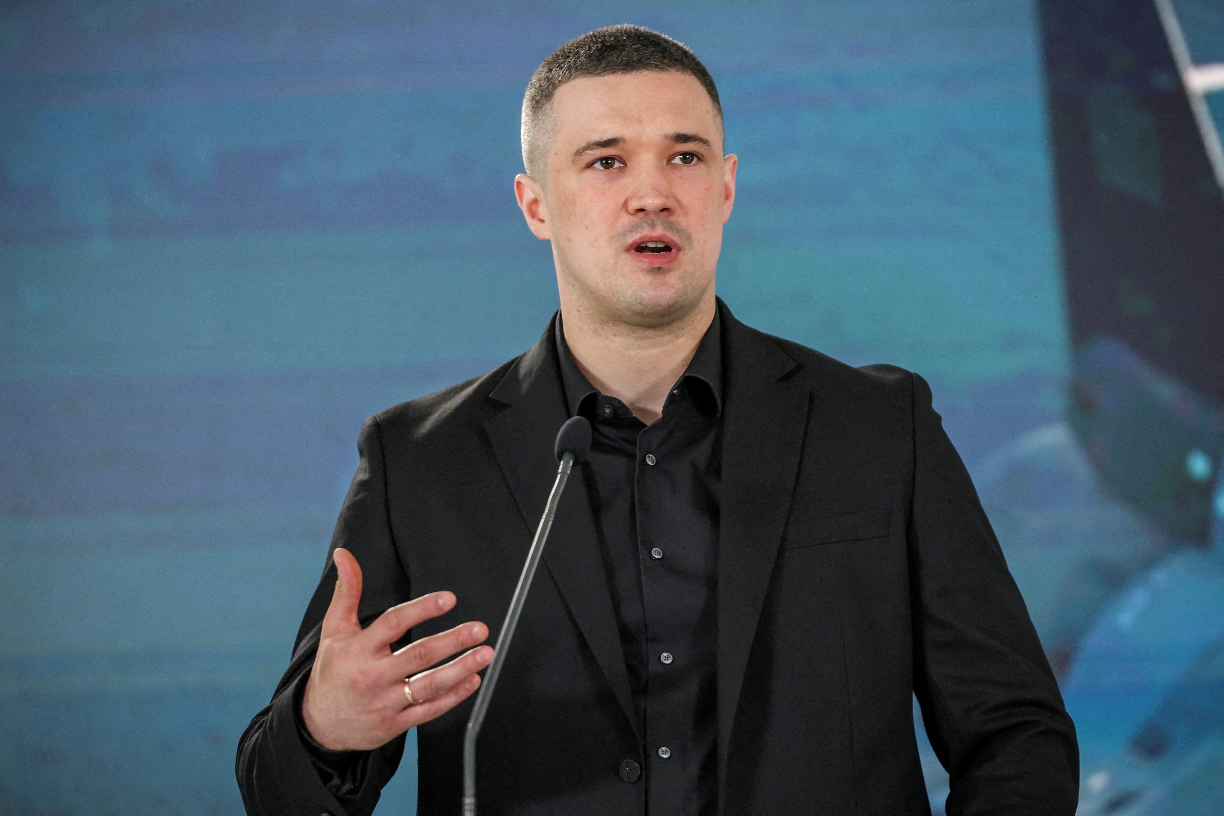 Mykhailo Fedorov speaks at a press conference in Kyiv, Ukraine on July 1 when he Ukraine’s defence minister. Photo: Reuters