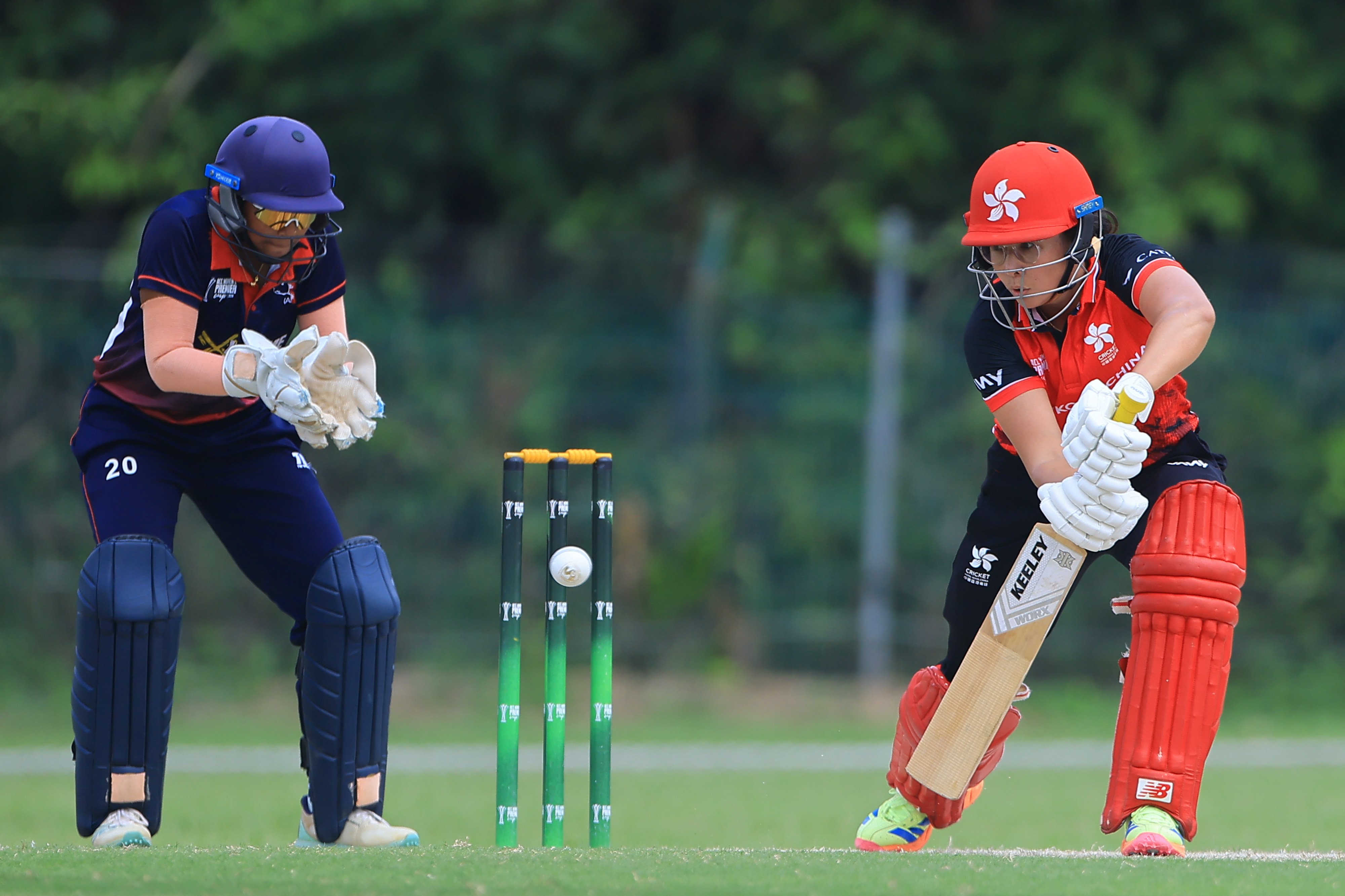 Natasha Miles watchfully steers towards the offside during Hong Kong’s ACC Premier Cup victory over Nepal. Photo: Asian Cricket Council