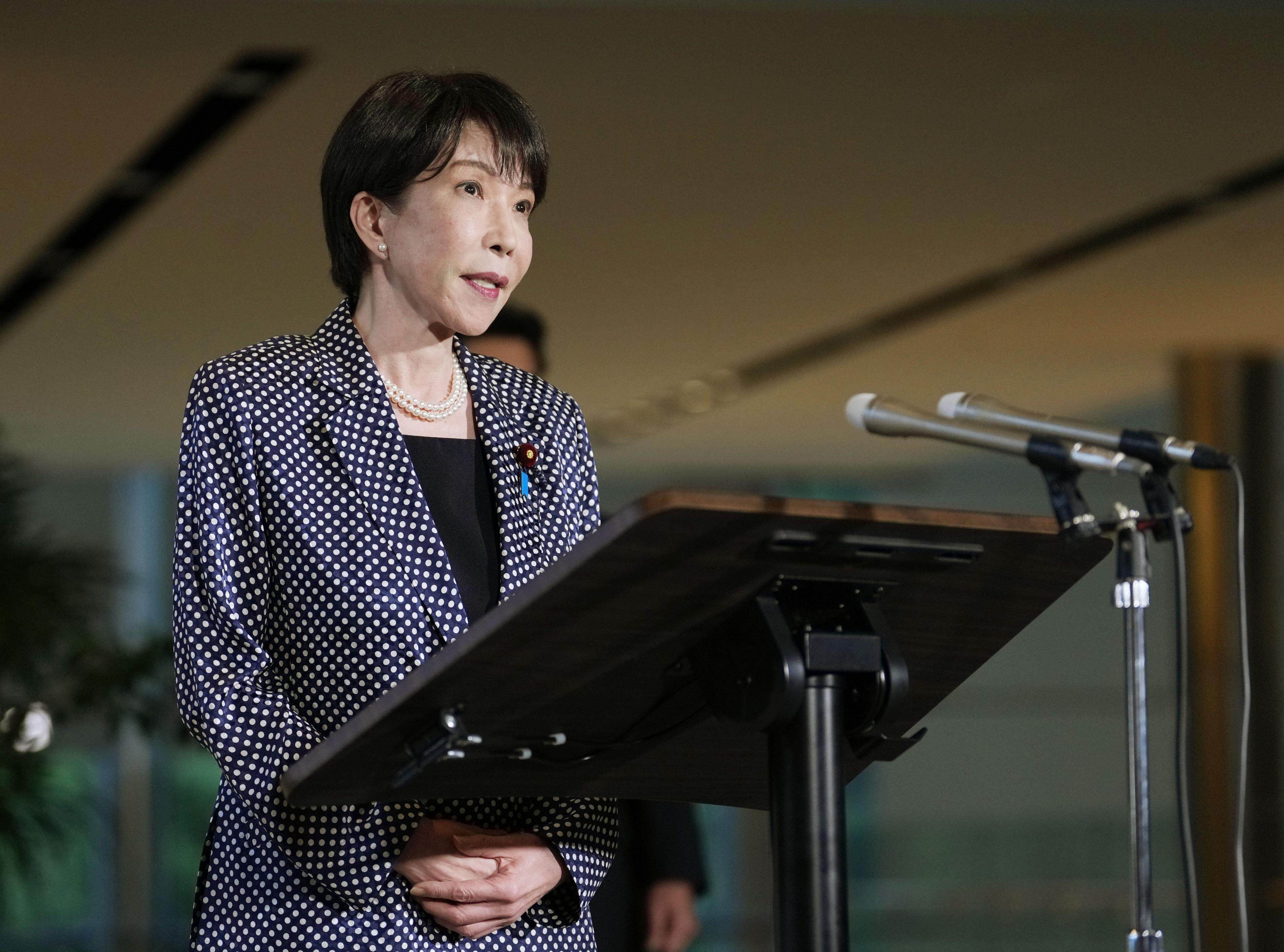Japanese Prime Minister Sanae Takaichi speaks to reporters in Tokyo following phone talks with her new British counterpart Andy Burnham on Thursday. Photo: Kyodo