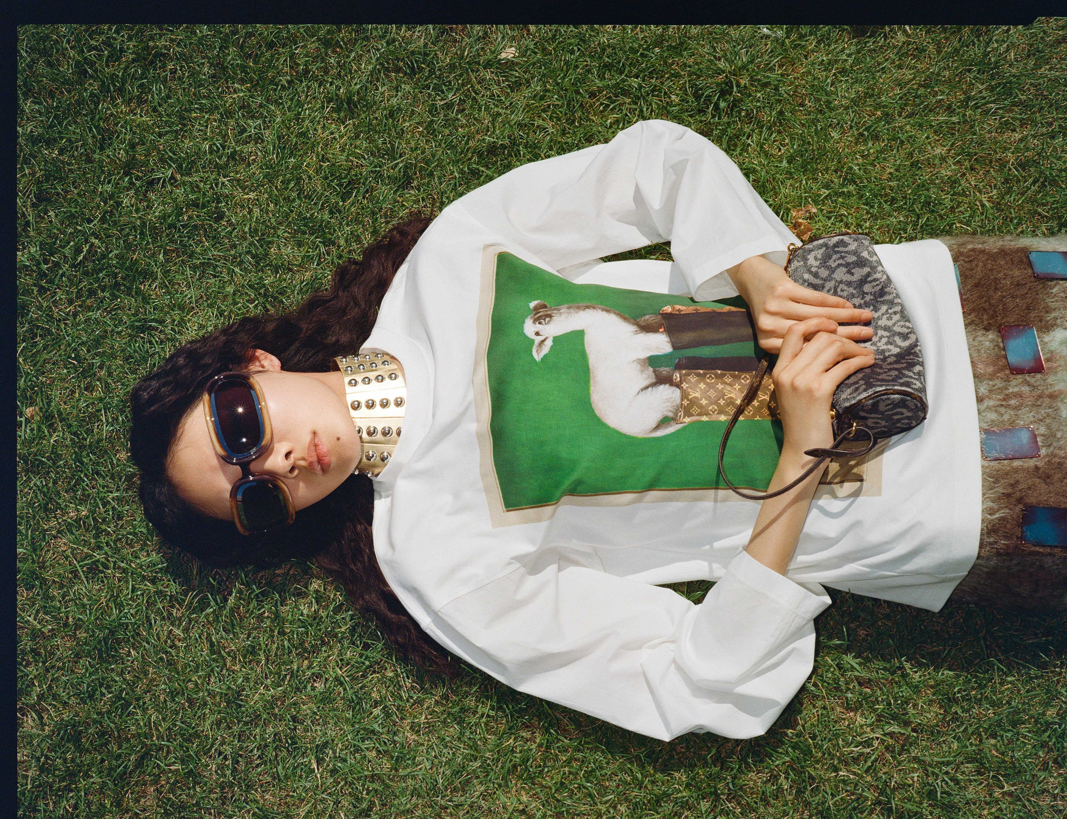 Enlarged, futuristic-looking eyewear is one of the clearest expressions of Nicolas Ghesquière’s forward-thinking vision for Louis Vuitton womenswear. Outfit: Louis Vuitton. Photography: Marie Tomanova