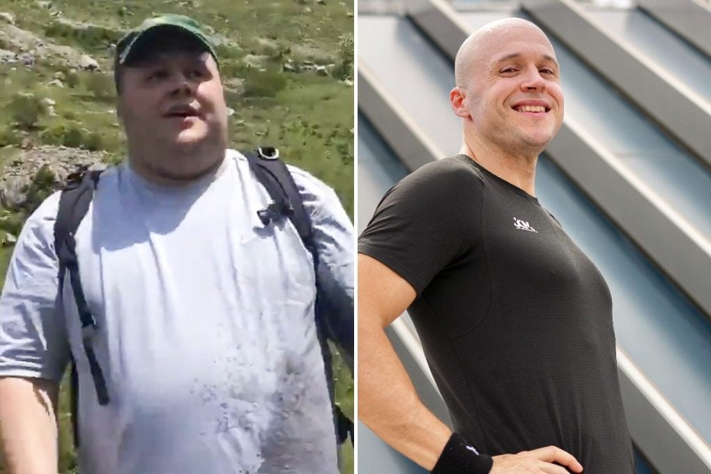 Paul Goodson in 2016 (left) when he weighed 150kg and in 2026 after he had lost more than 60kg by changing his eating habits and exercising regularly. Photos: Paul Goodson/Karma Lo