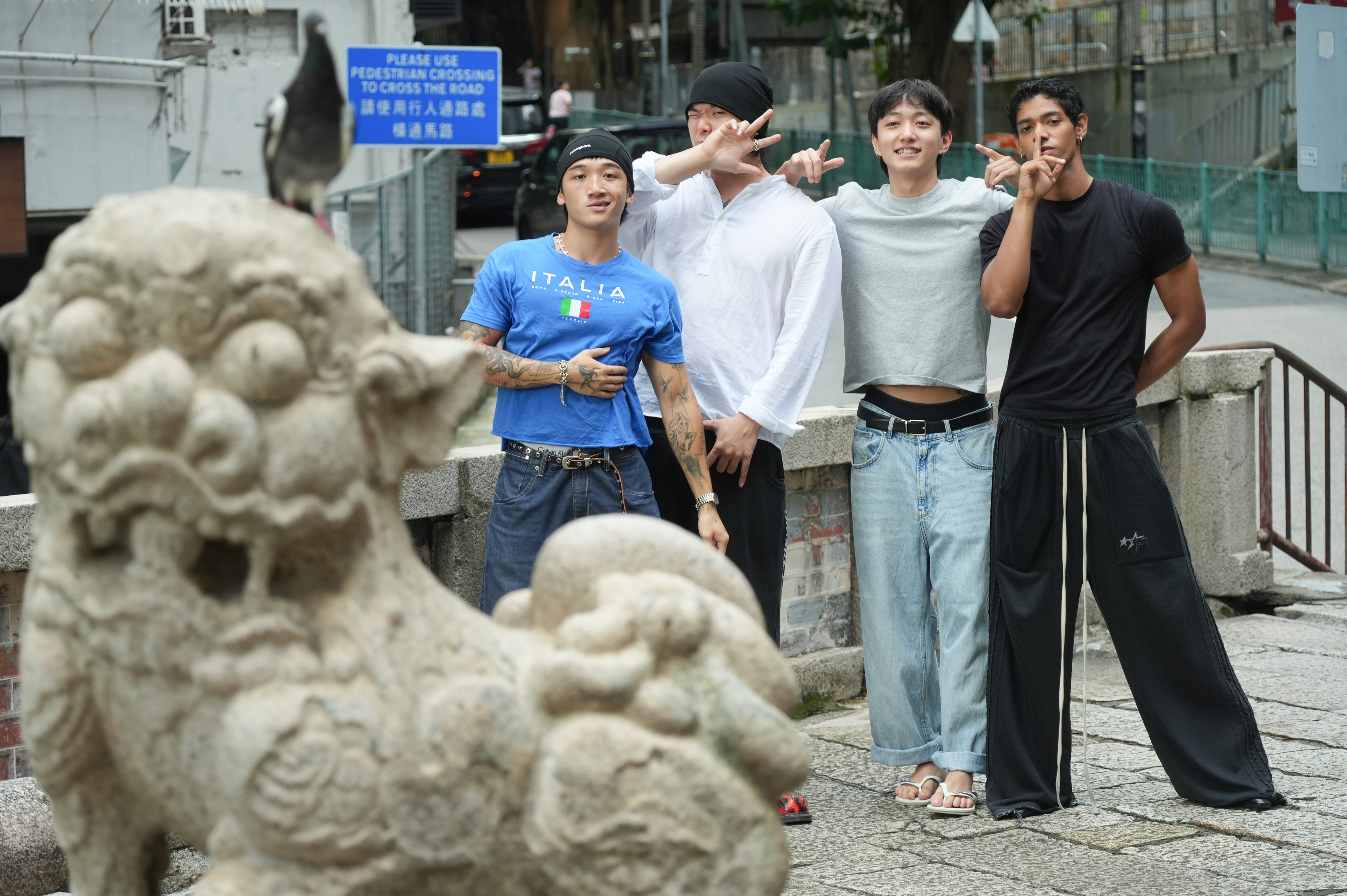 (From left) Harry Leung and Jasper Chung, two co-founders of Wasted Potentials Management, join two of the agency’s talents, Yutaro Chitikiri and Moosa Kalimullah, in Tin Hau, Hong Kong, on June 29, 2026. Photo: Sun Yeung