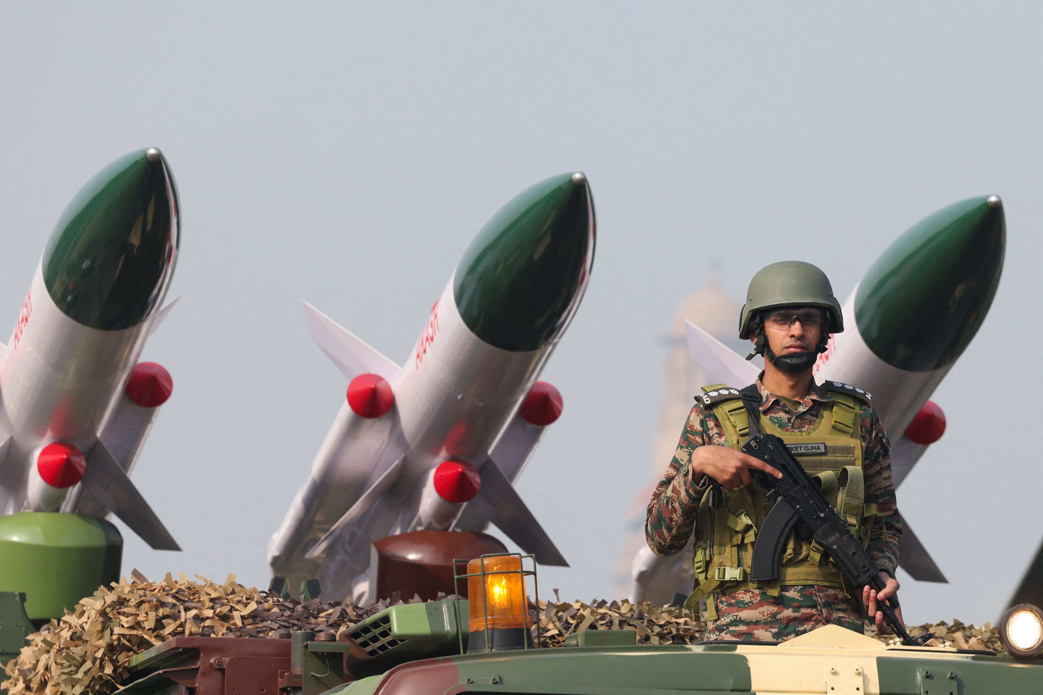 A soldier stands next to India’s Akash missiles during a rehearsal for the Republic Day parade in New Delhi in January. Photo: Reuters