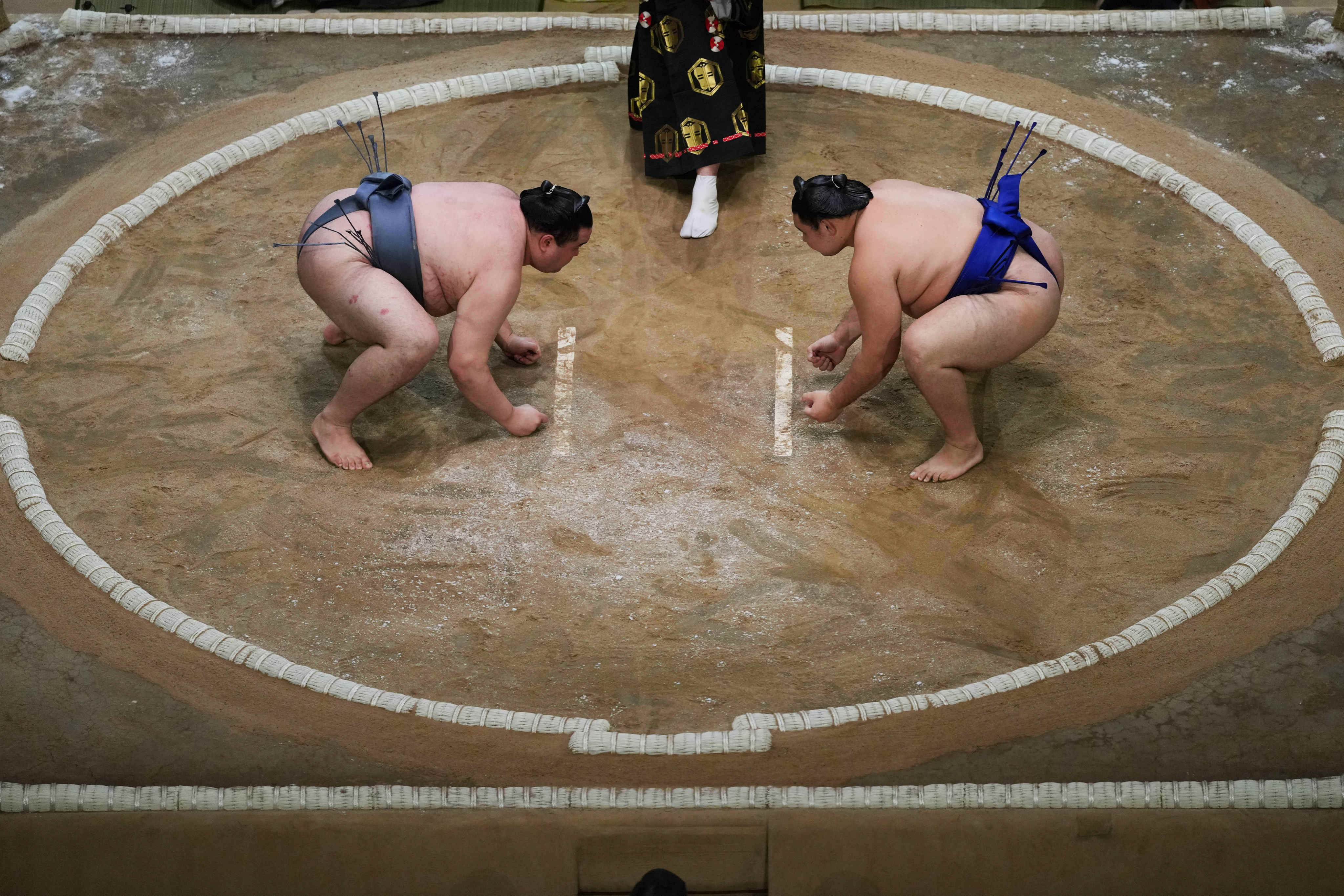 Sumo wrestlers face off in the ring at the Royal Albert Hall in London, UK, in October 2025. Photo: AP