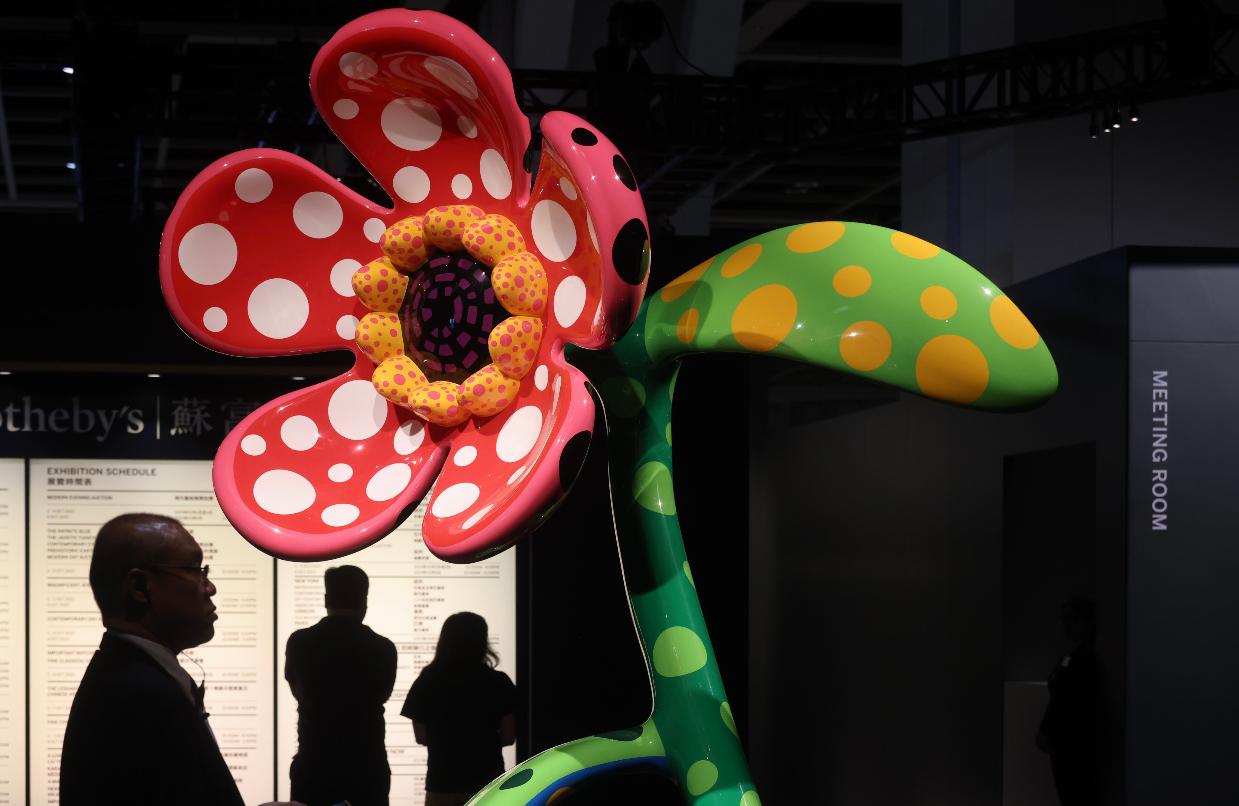 Yayoi Kusama’s “Flowers That Speak About My Heart Given To The Sky” at an auction preview in Wan Chai in 2023. Photo: Jonathan Wong