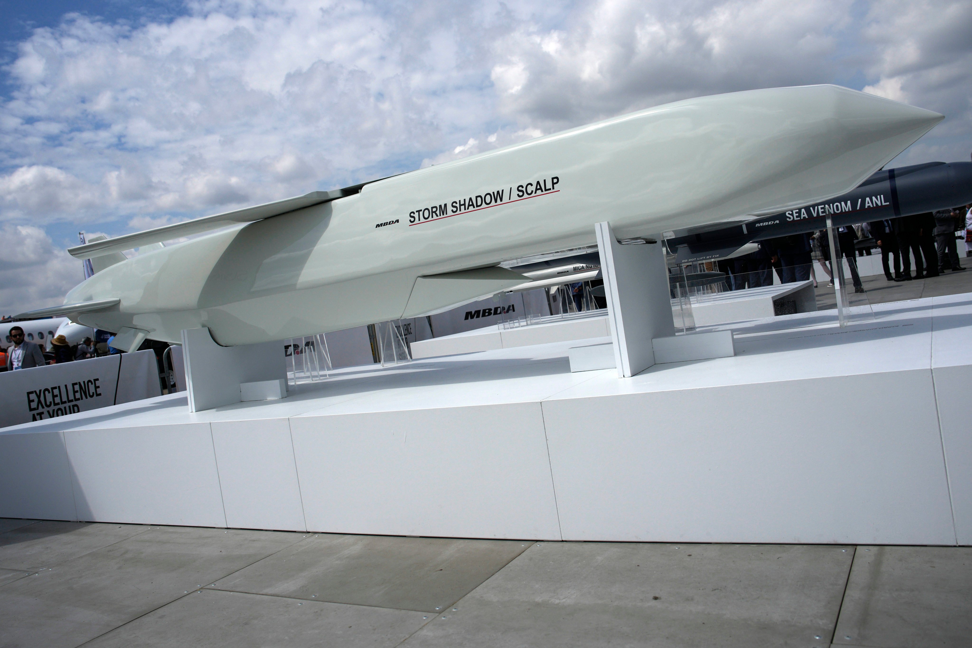 The Storm Shadow cruise missile is on display during the 2023 Paris Air Show in France. Photo: AP