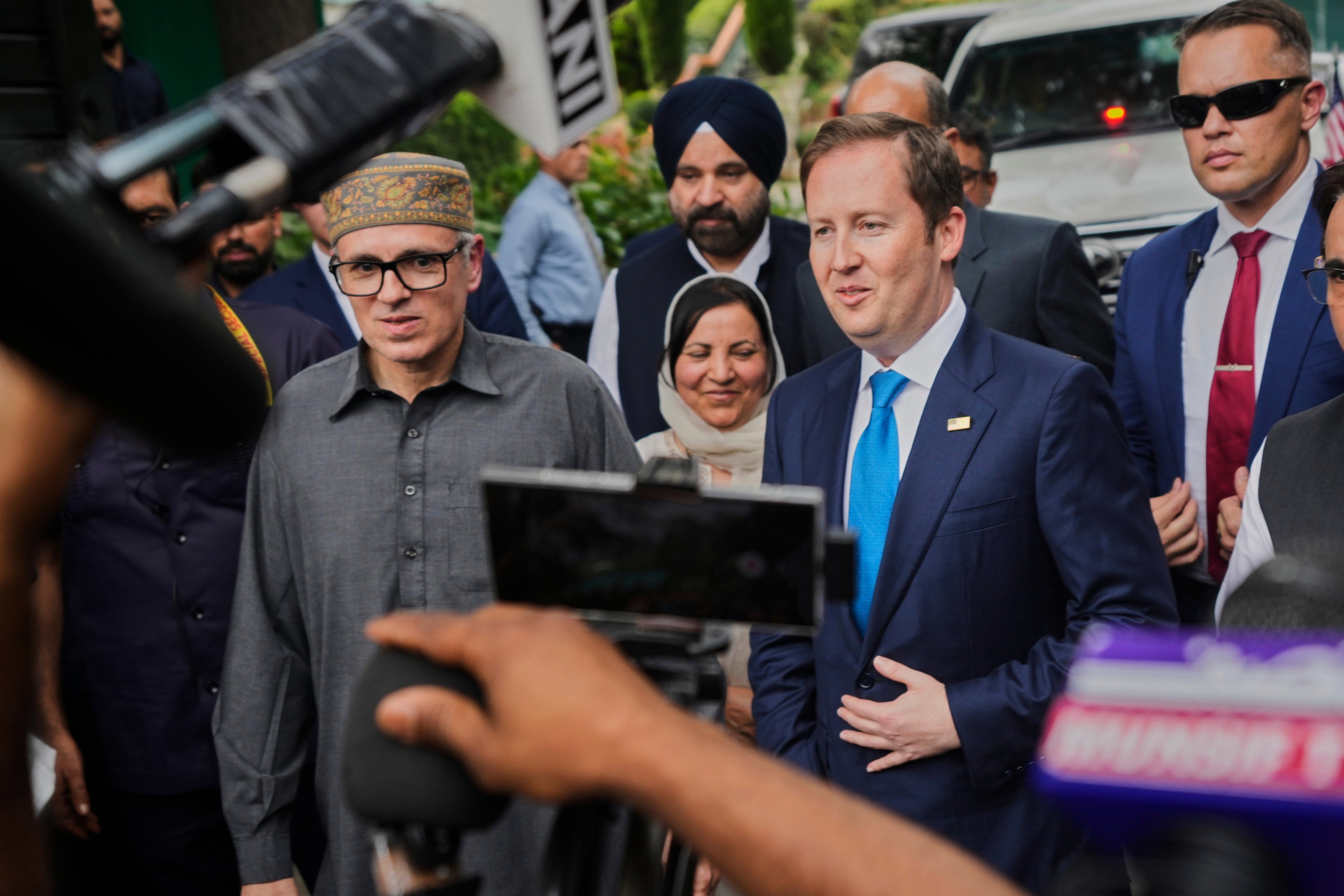 US ambassador to India, Sergio Gor (centre, right), talks to the media as he arrives to meet Jammu and Kashmir’s Chief Minister Omar Abdullah (centre, left) in Srinagar on August 19. Photo: AP