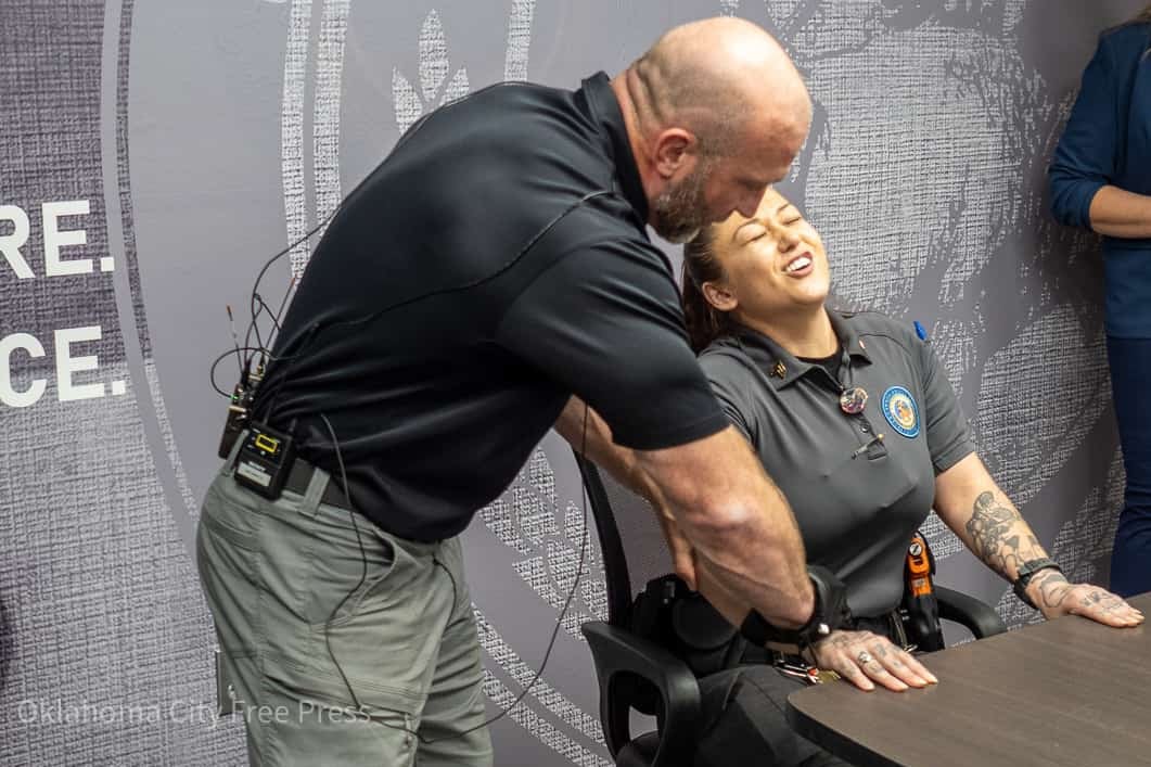 A demonstration of electric shock gloves at the Oklahoma County Detention Centre. ICE has signed a US$16.7 million deal to equip its officers with similar devices. Photo: Oklahoma City Free Press via AP
