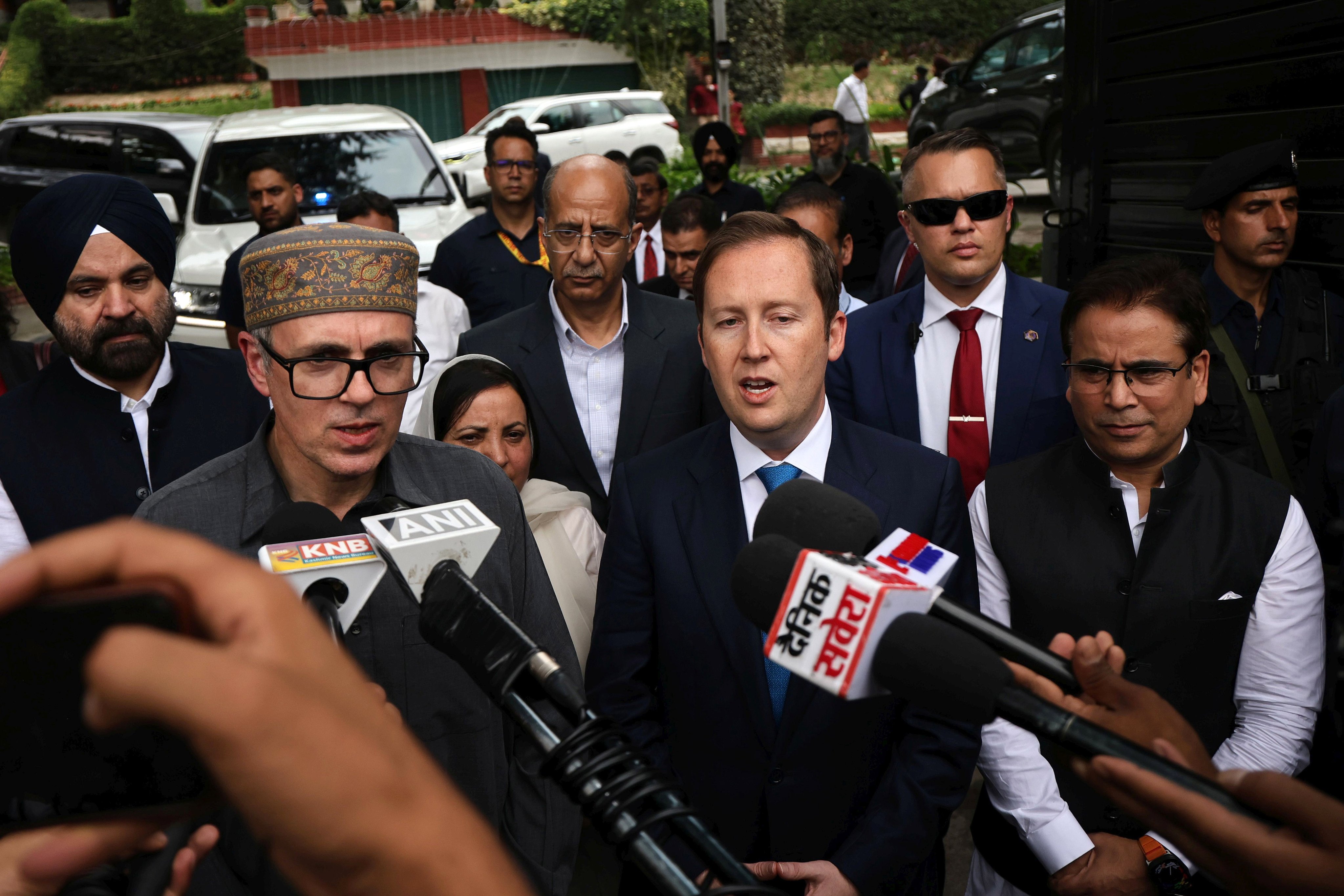 Sergio Gor talks to the media as he arrives to meet Jammu and Kashmir’s Chief Minister Omar Abdullah in Srinagar on August 19. Photo: EPA