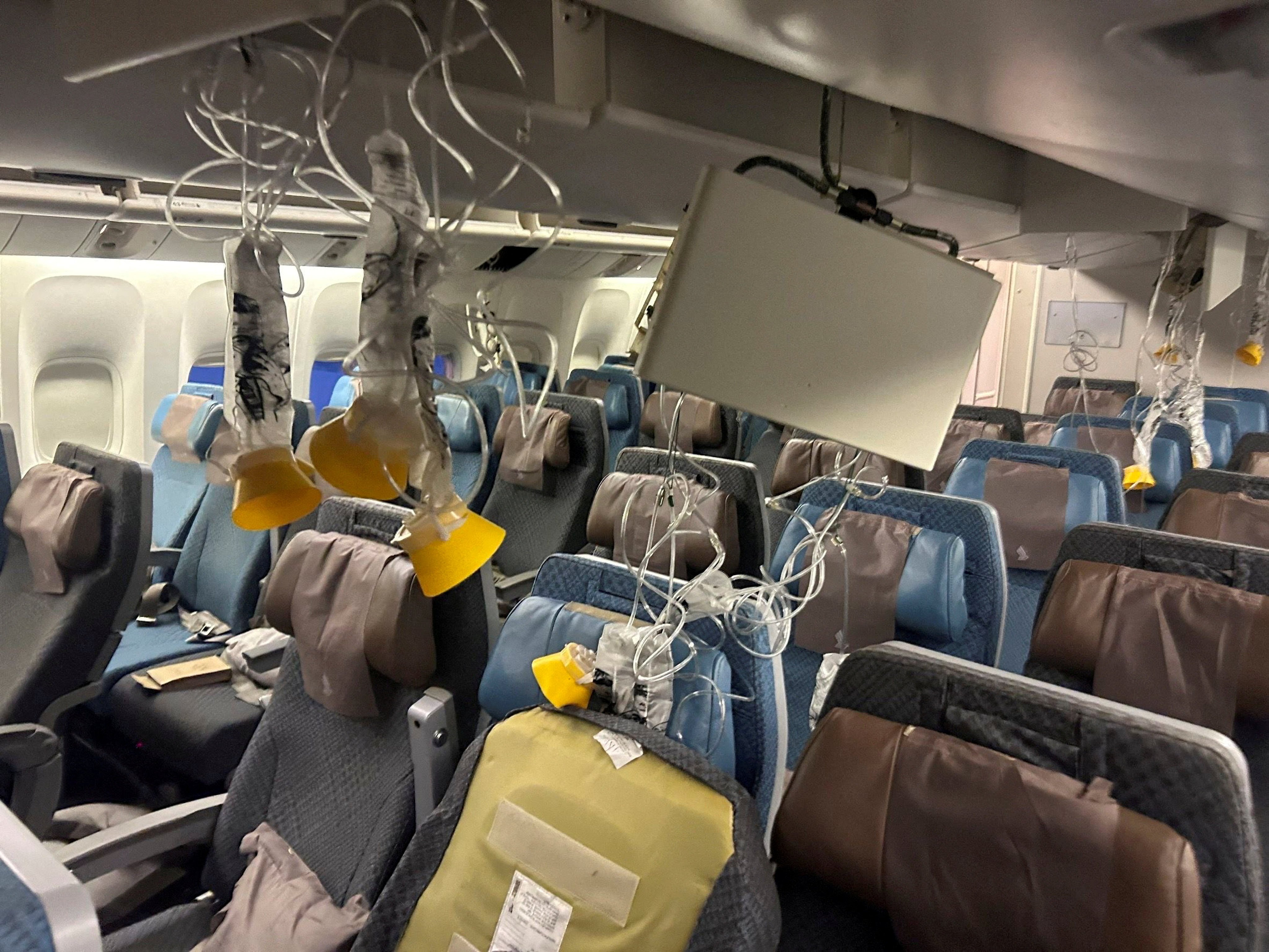 The interior of Singapore Airlines flight SQ321 after an emergency landing at Bangkok’s Suvarnabhumi International Airport on May 21, 2024. Photo: Reuters
