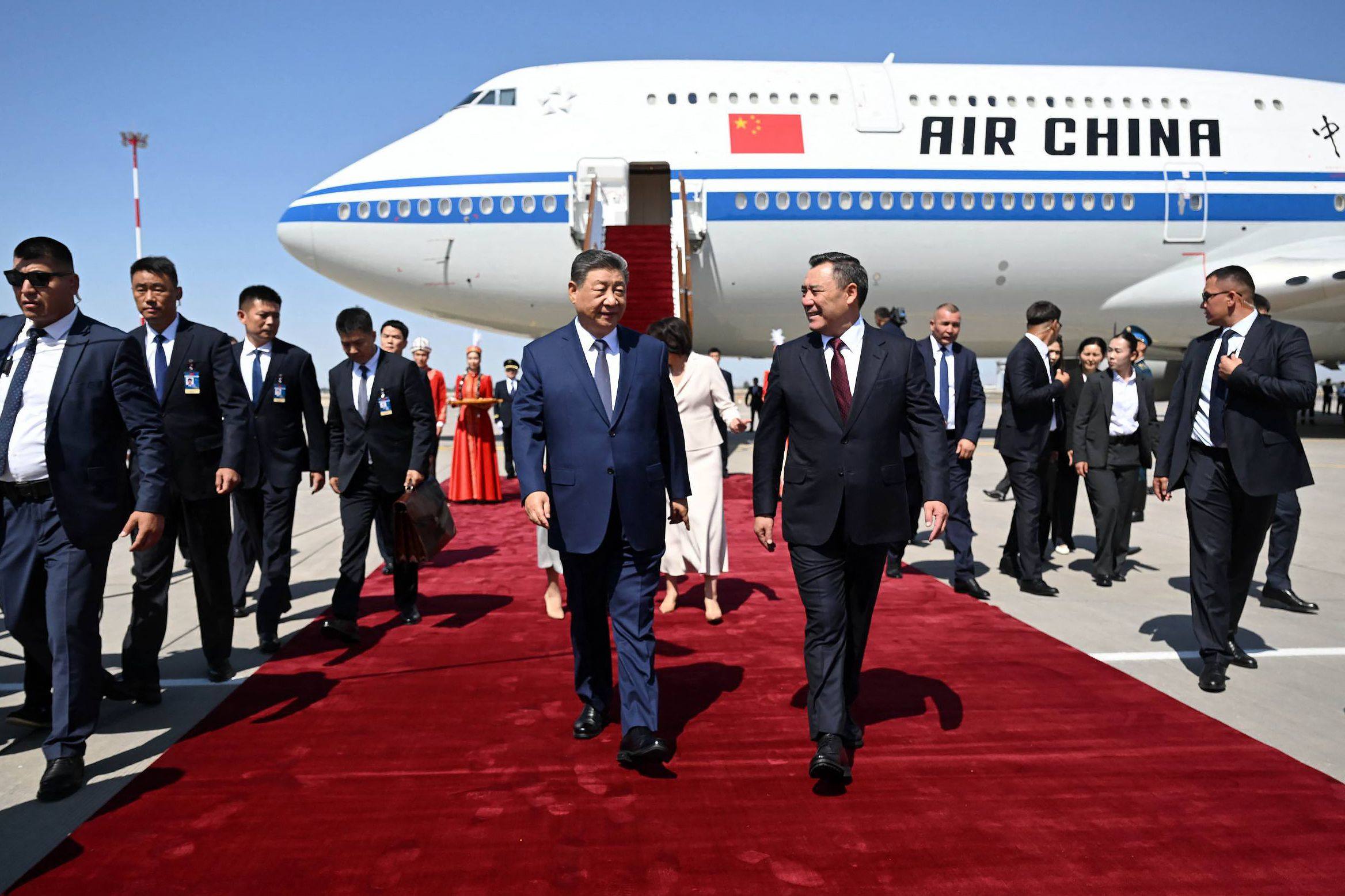Kyrgyzstan’s President Sadyr Japarov (right) welcomes Chinese President Xi Jinping to the capital Bishkek ahead of the Shanghai Cooperation Organisation summit. Photo: AFP