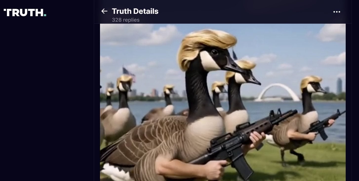 US President Donald Trump posted an AI-generated clip on social media on Saturday showing gun-toting Canada geese sporting his signature hairdo marching at “Lake America”, in reference to his order to rename Lake Ontario amid a trade dispute between the US and Canada. Image: Truth Social/realDonaldTrump
